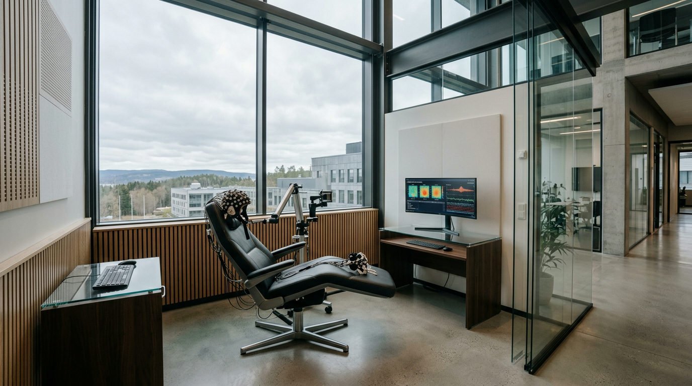 Minimalistisk forskningsanläggning med stora fönster, skinande betonggolv och avancerad neuro-gränssnittsutrustning i testkammare.