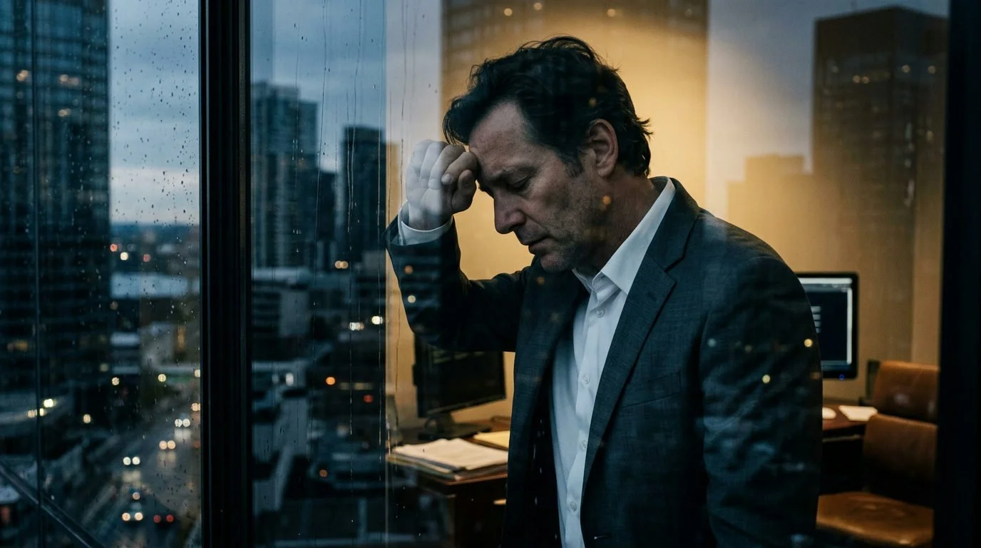 Verkställande person med pannan pressad mot ett fönster, stadsbilden reflekteras.