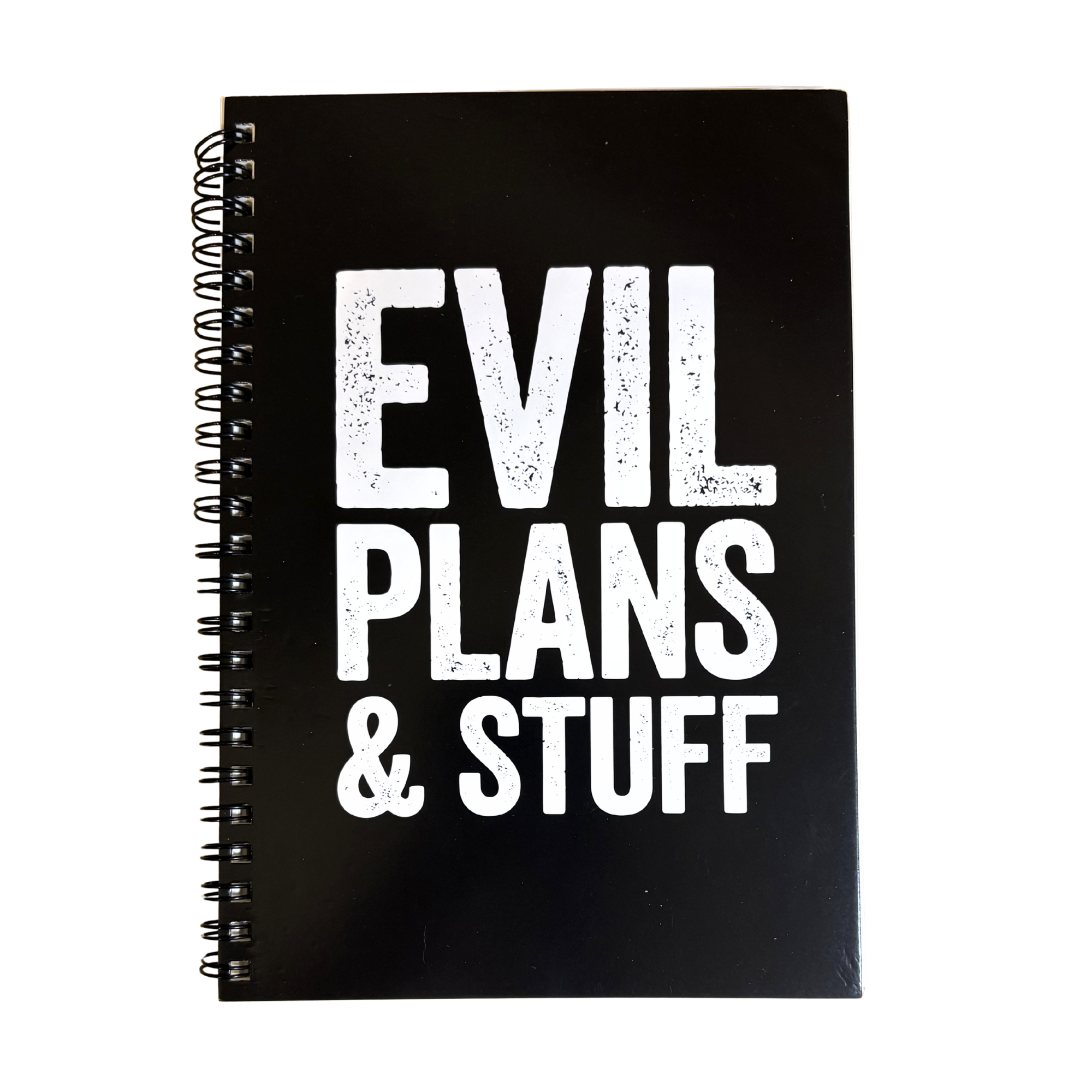 Evil Plans & Stuff Notebook + 2 Macaroon Pens | Funny Meeting Planner Notebook (5.5” x 8.3”, 55 Pages, Spiral Bound)