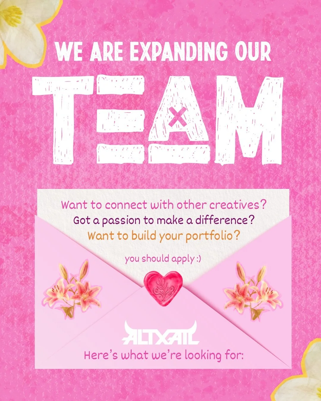 We are expanding our TEAM! 🌟🩷

If you&rsquo;re a creative interested in building your portfolio, collaborating with other creatives, and being apart of something fun and fab, APPLY NOW TO JOIN OUR CREATIVE TEAM! (˶&circ;ᗜ&circ;˵)

We&rsquo;re searc