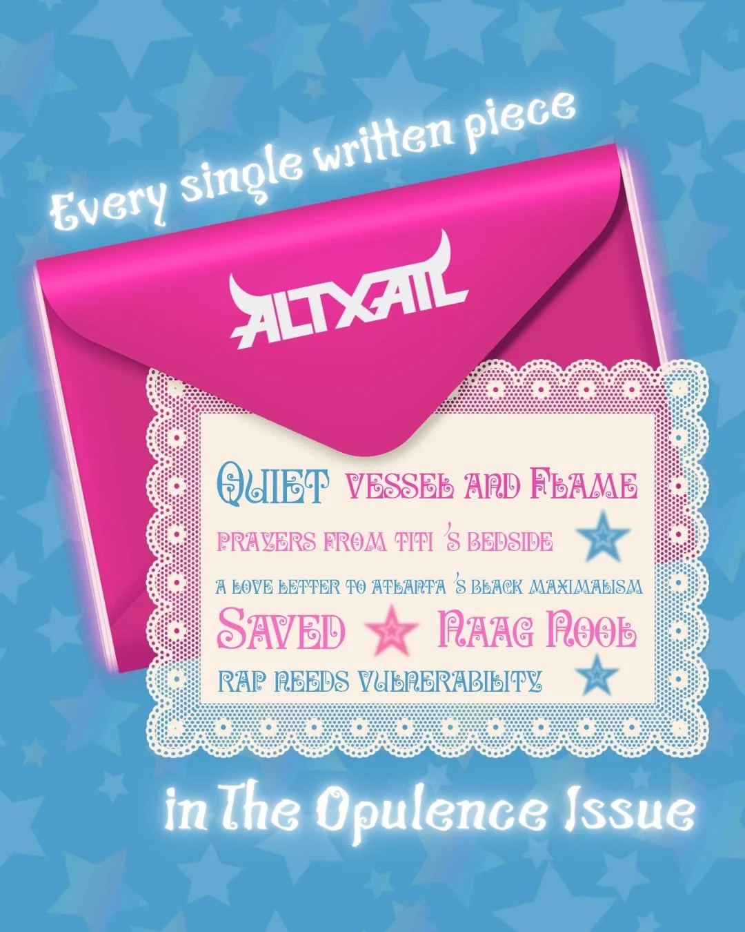 We can&rsquo;t believe it&rsquo;s been almost a month since Issue 9 released 😩🩵! 

The Opulence Issue was full of many amazing reads! Do you have any favorites?

ps: WE MISSED YOU GUYS <3

#altxatl #magazine #zines #zine #magazines
