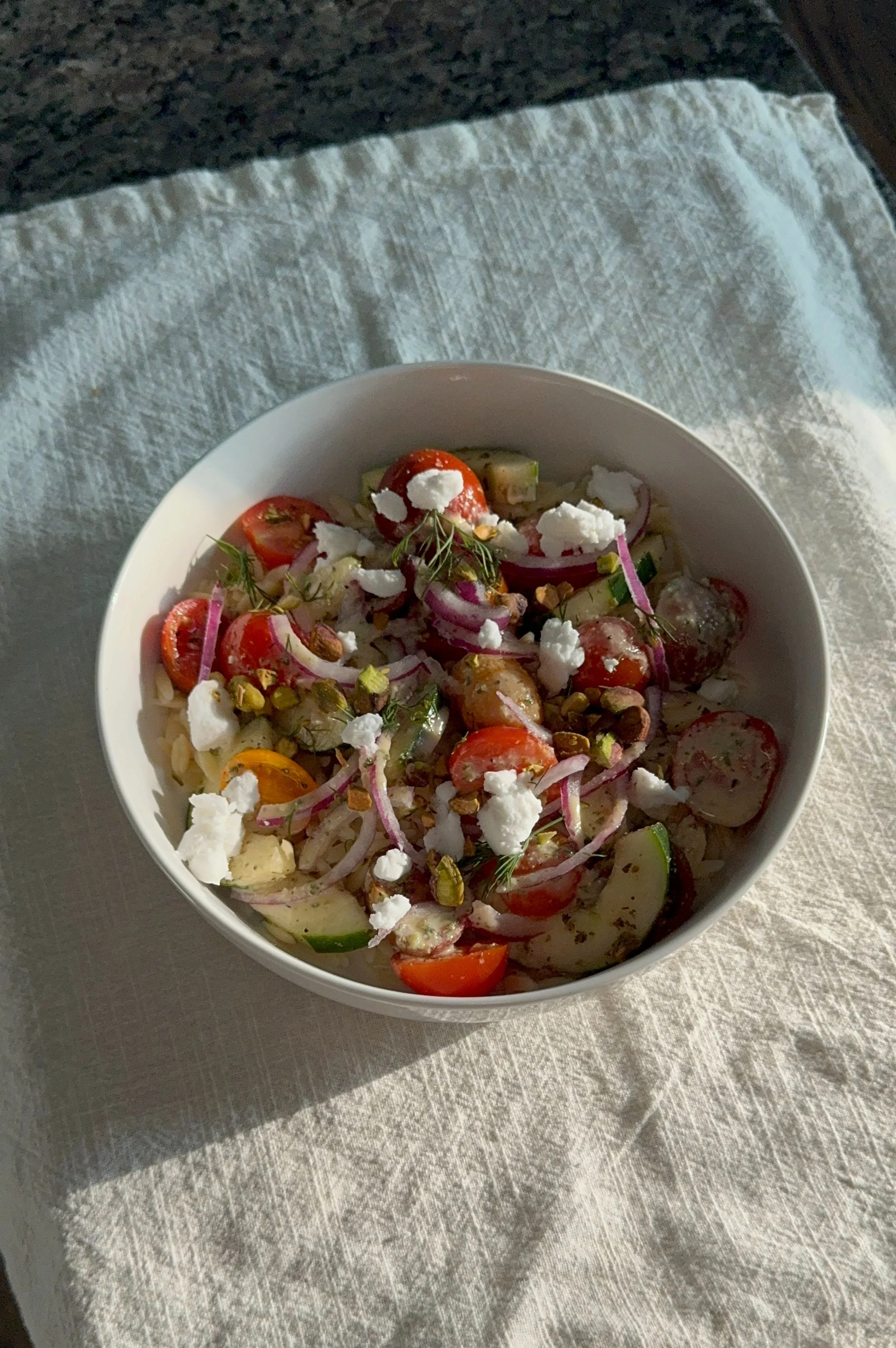 Orzo Greek Salad eats with ab
