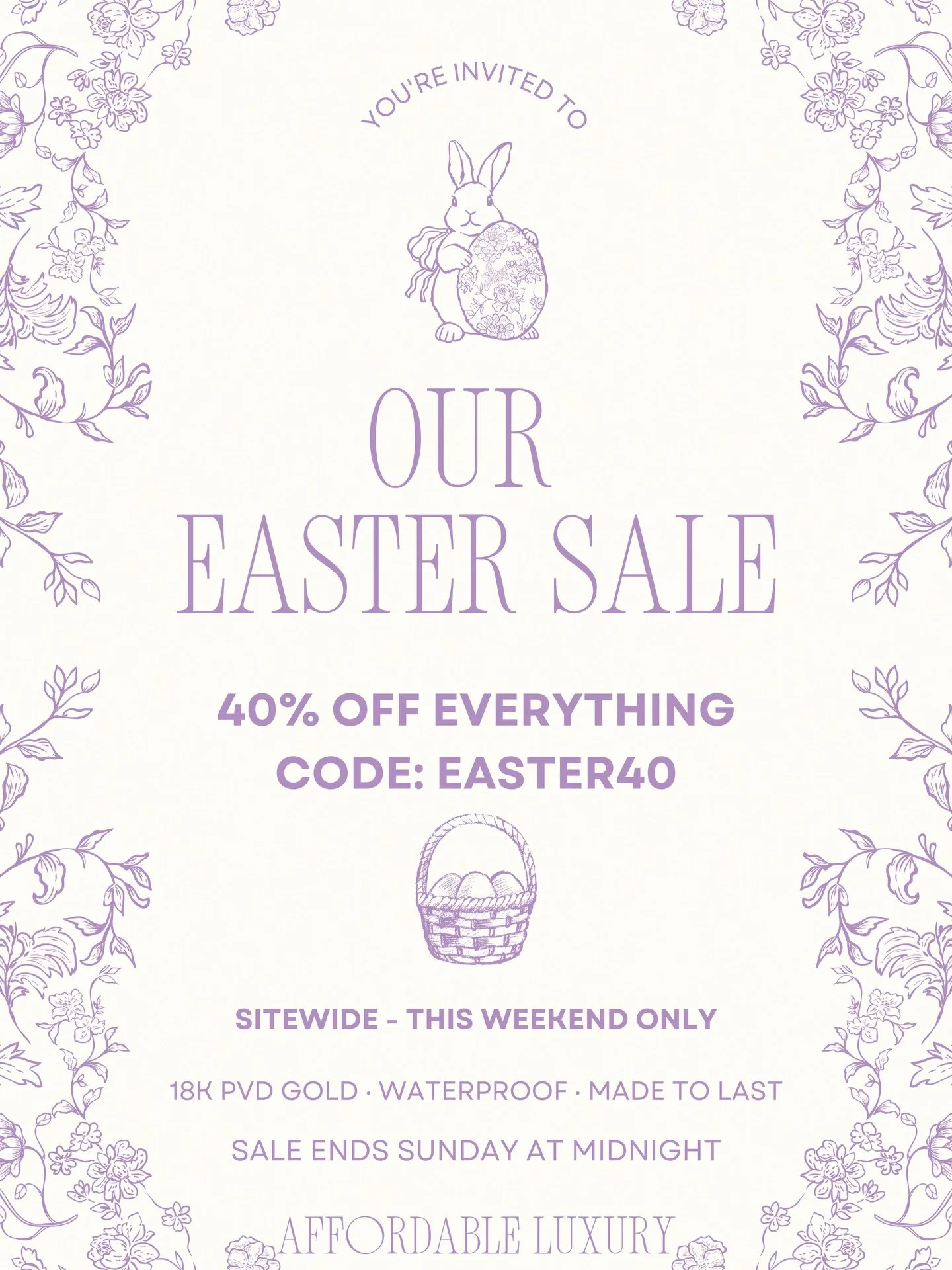 ✝️ Easter treat? Yes, please. 🐣

40% OFF sitewide &mdash; this weekend only.

Shop waterproof, skin-friendly, 18K PVD gold jewelry that looks expensive, lasts forever, and arrives just in time for the holiday. USE CODE EASTER40 🛒

This deal disappe