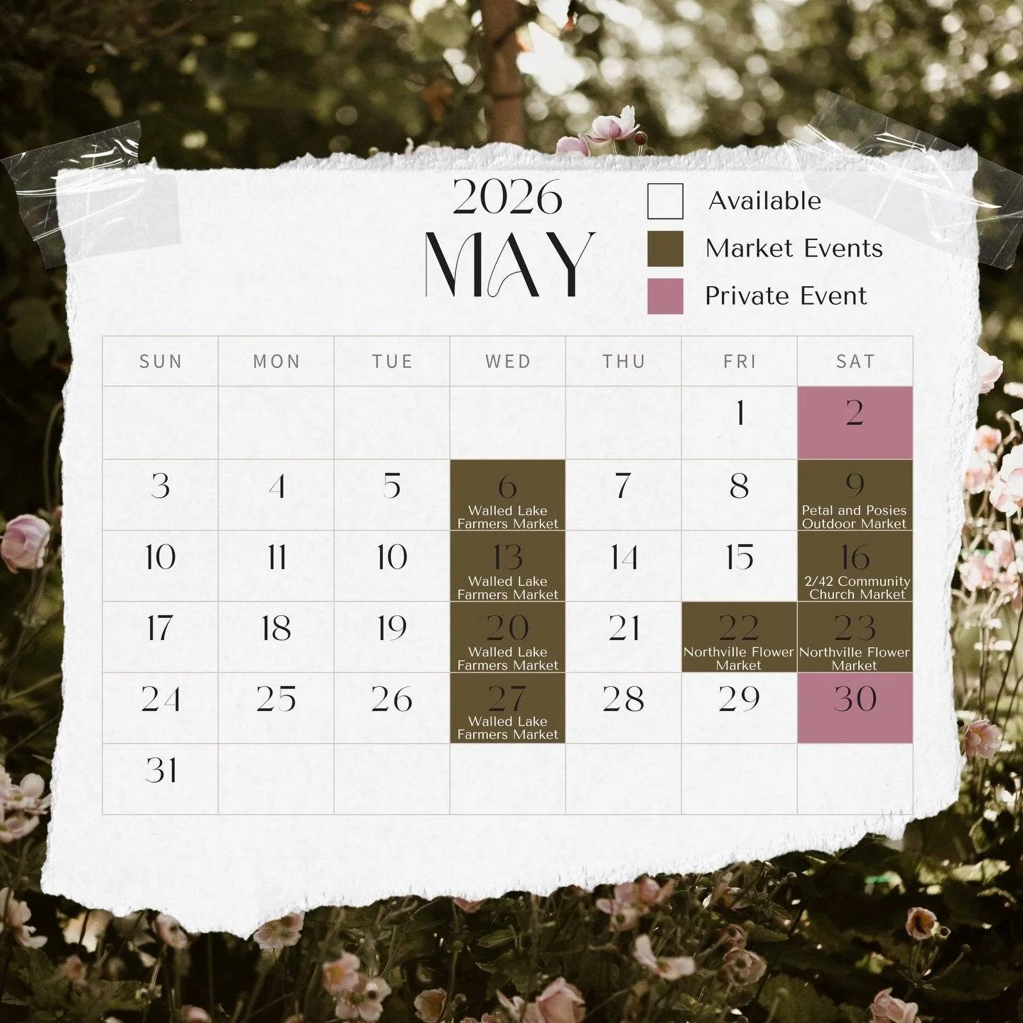 May is looking full ✨ Come find us at a market near you &mdash; or book your private event before the dates fill up. 🌸 📅 Save this post so you don&rsquo;t miss us! 

Wed May 6, 13, 20, &amp; 27 | Walled Lake Farmer&rsquo;s Market | 8am - 2pm

Sat M