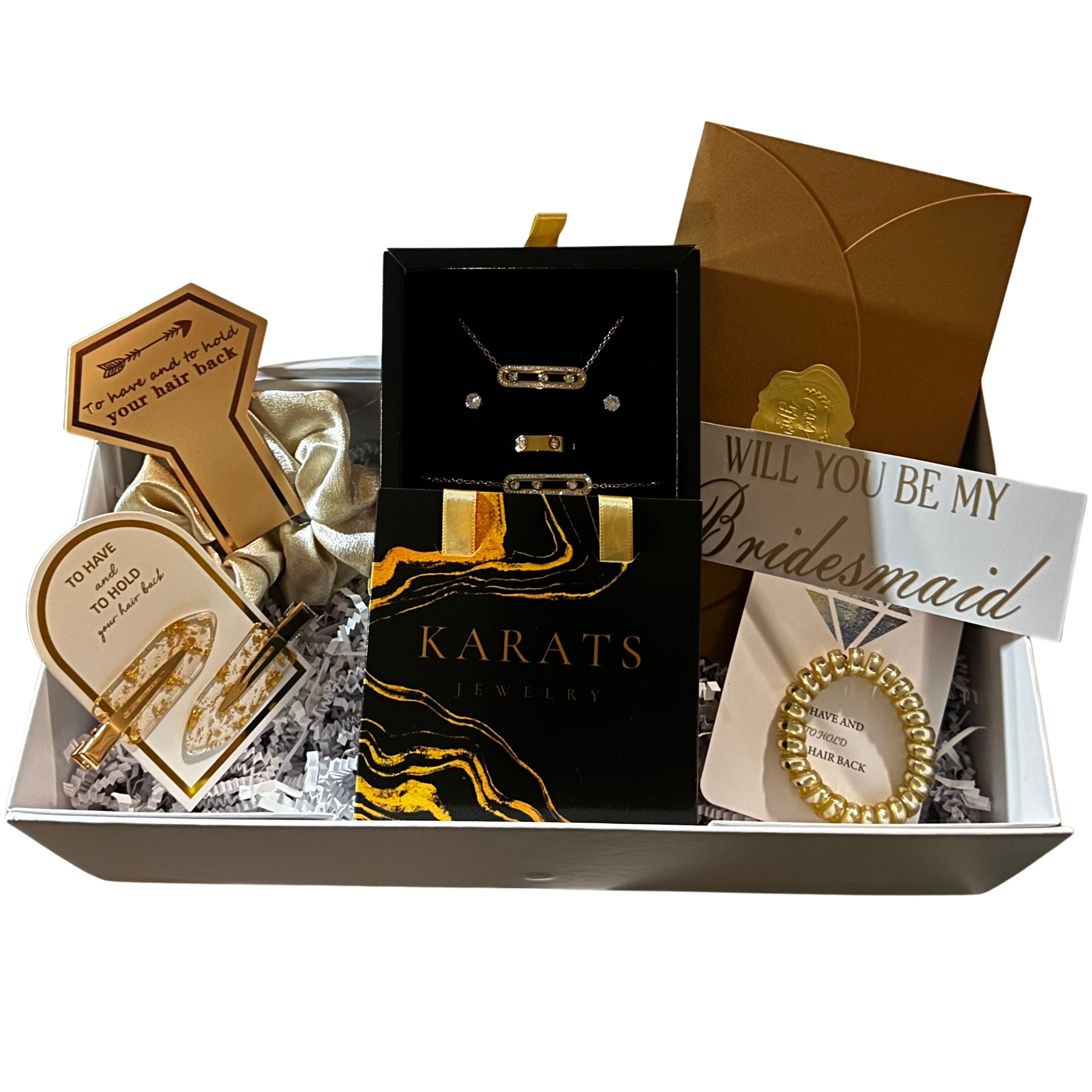 Jewelry gift box with rings, necklace, bracelet, and cards with phrases like "Will you be my bridesmaid" and "To have and to hold your hair back".