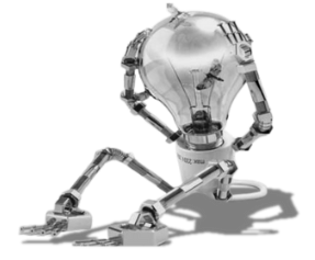 Robot-shaped lightbulb with mechanical arms and legs, representing innovation and creativity in electrical solutions.