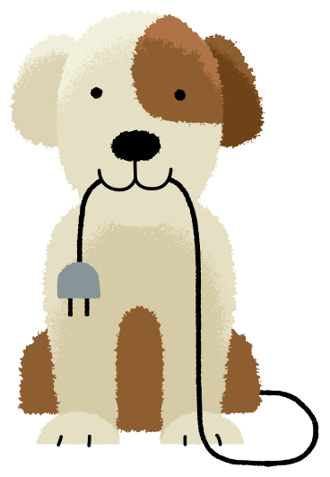 Cartoon image of a cute dog with a brown patch over one eye, holding an electrical plug in its mouth.