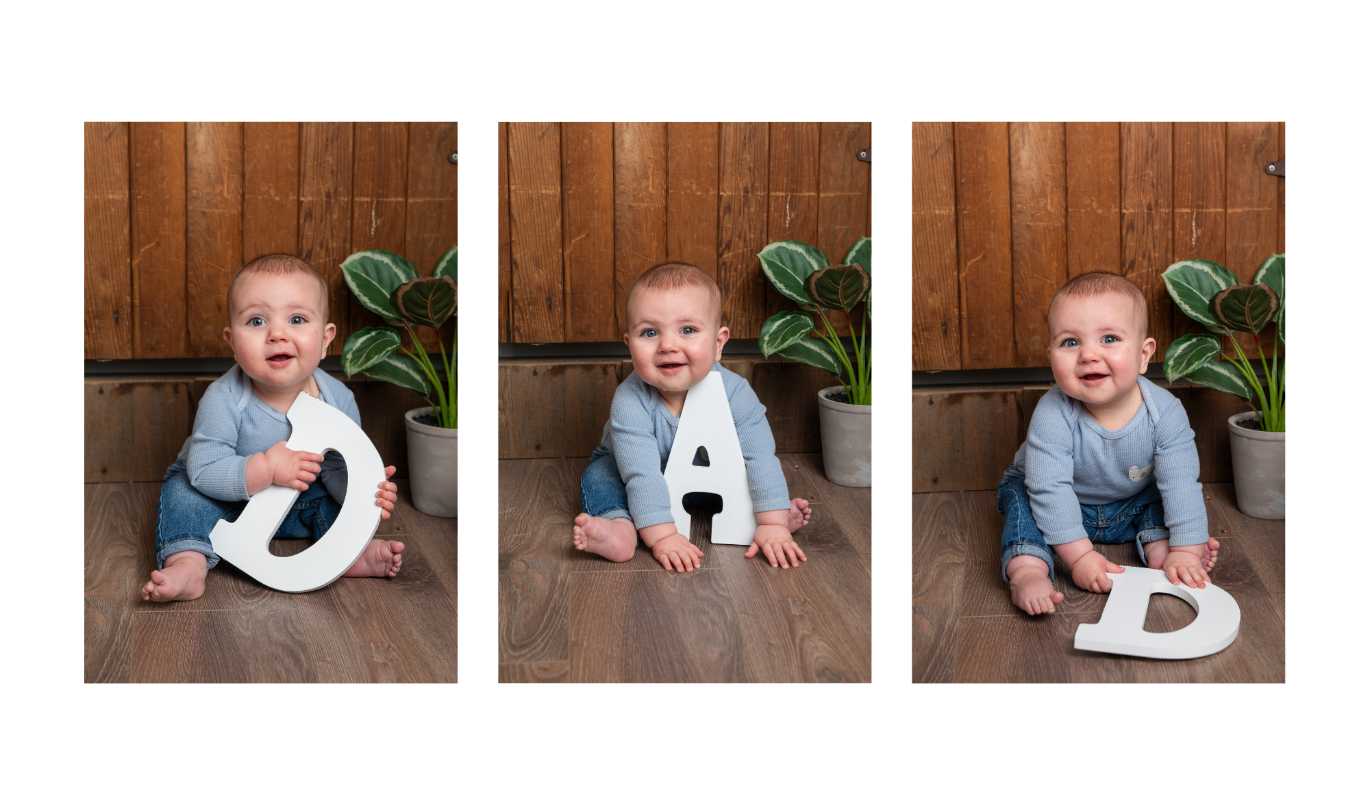 A baby boy sitting on a wooden floor against a wooden wall, holding a large white number two, with a potted plant beside him. The baby looks surprised in the first and third photos, and smiling in the middle.