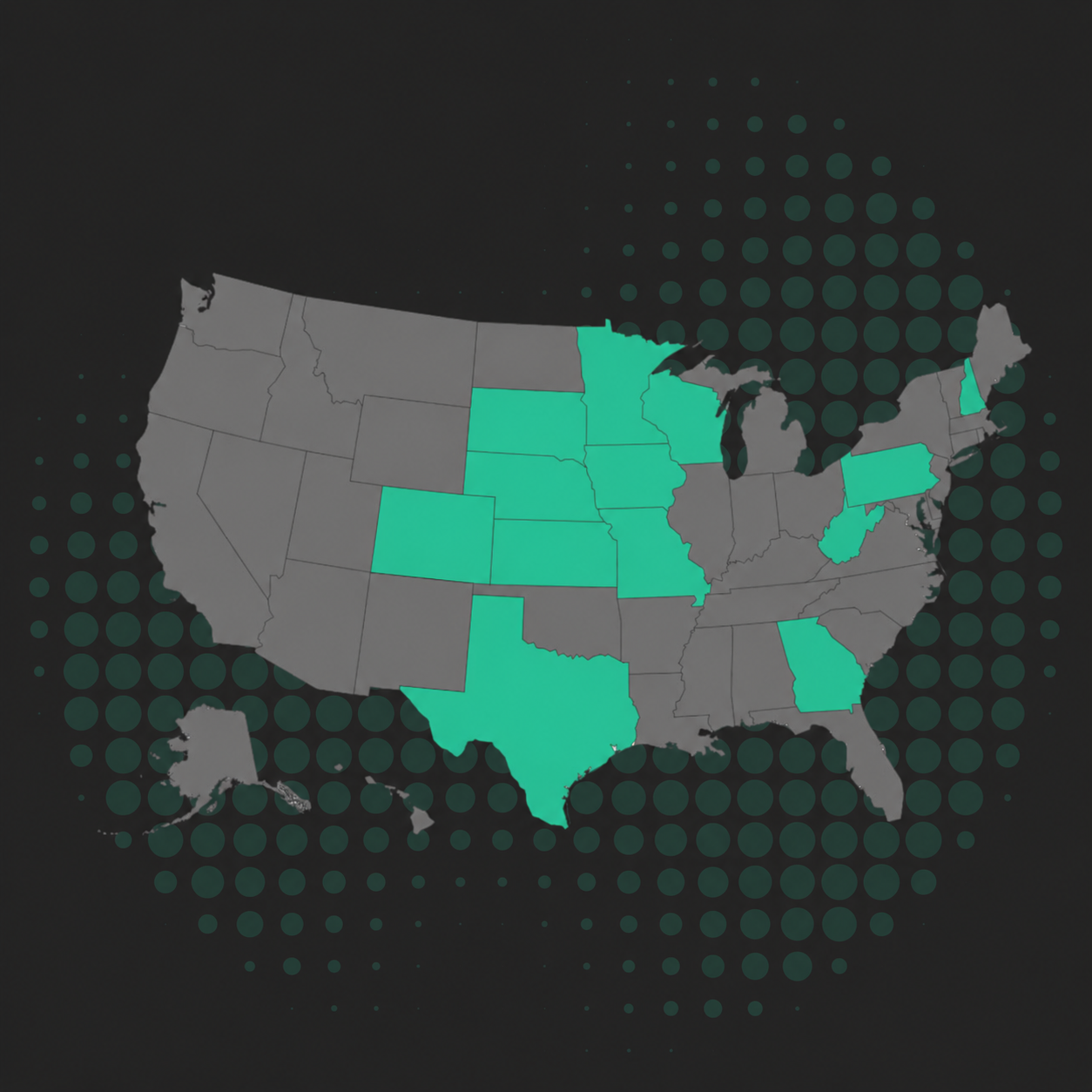 Map of the United States showing selected states in turquoise color against a dark background with dotted circular patterns, including Texas, Florida, Michigan, and others.