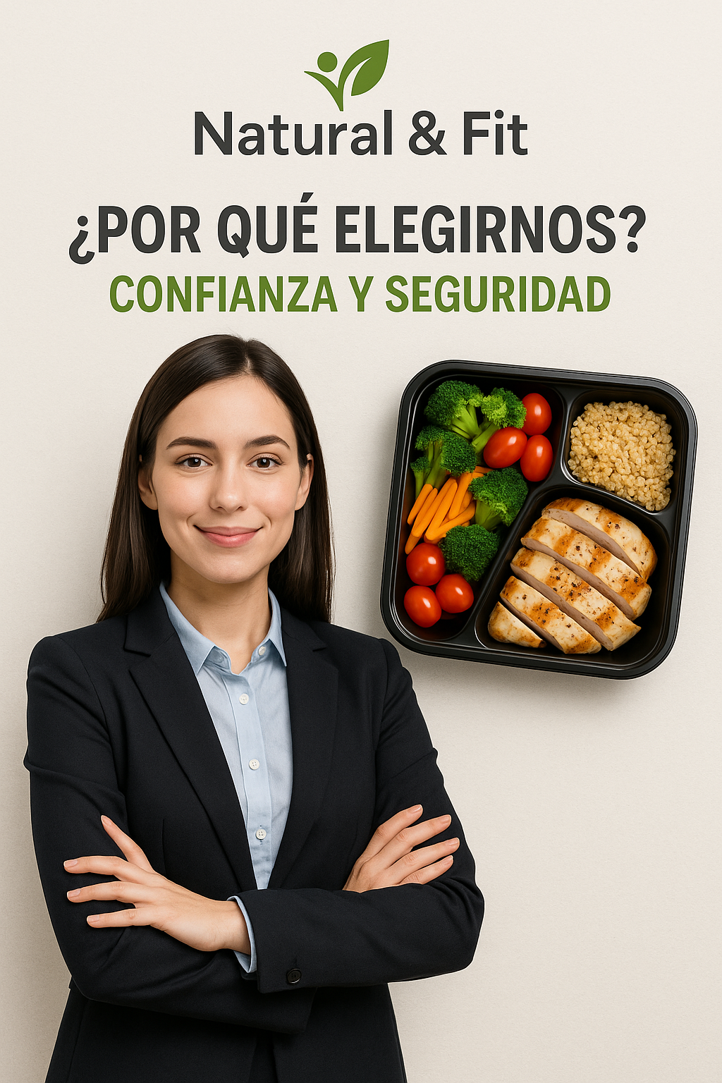 Mujer de negocios mostrando una lonchera con alimentos frescos y balanceados de Natural & Fit, promoviendo una alimentación saludable y nutritiva para mejorar bienestar y confianza.