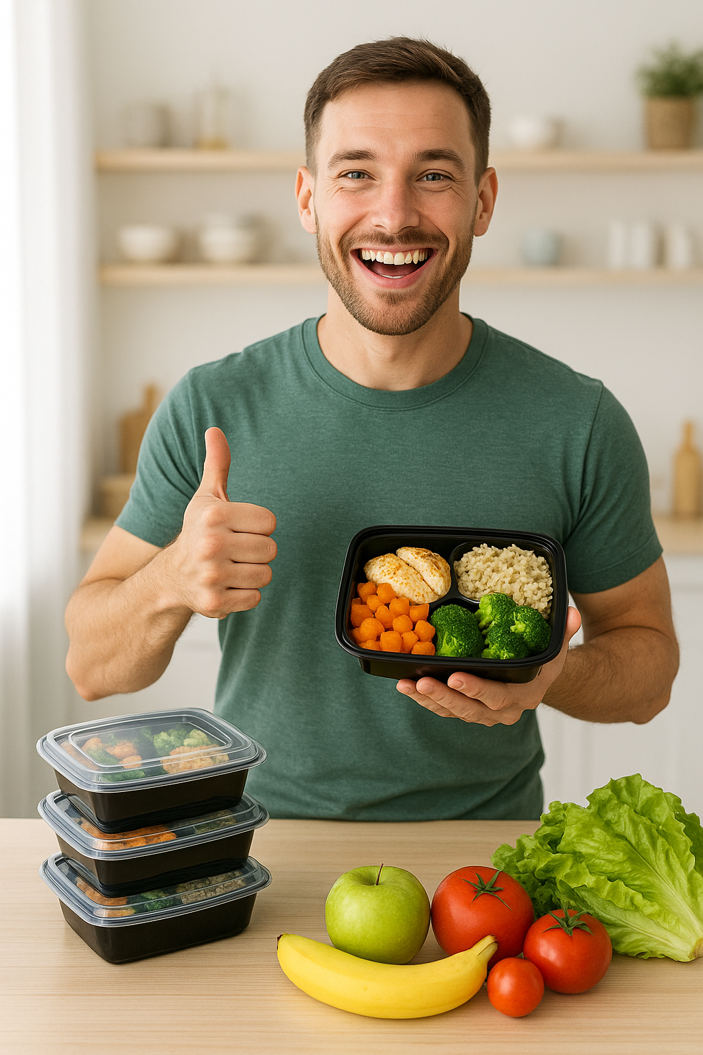Hombre contento porque recibió sus alimentos de Natural & Fit y llegaron puntuales y se ven muy apetecibles