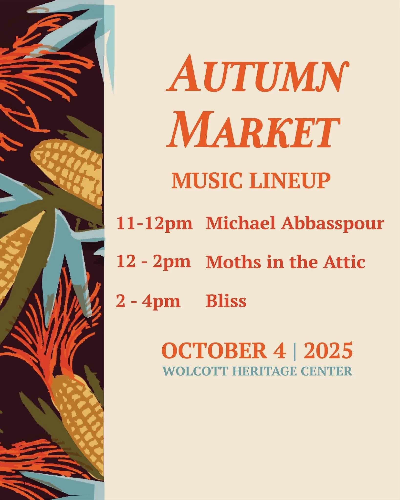 Celebrate the Season at the Autumn Market 🍂
Spend Saturday October 4, 2025, at the Wolcott Heritage Center for a day of local vendors, fall flavors, and live music in a beautiful historic setting.

Check out the Music Lineup:
11&ndash;12pm: Michael 