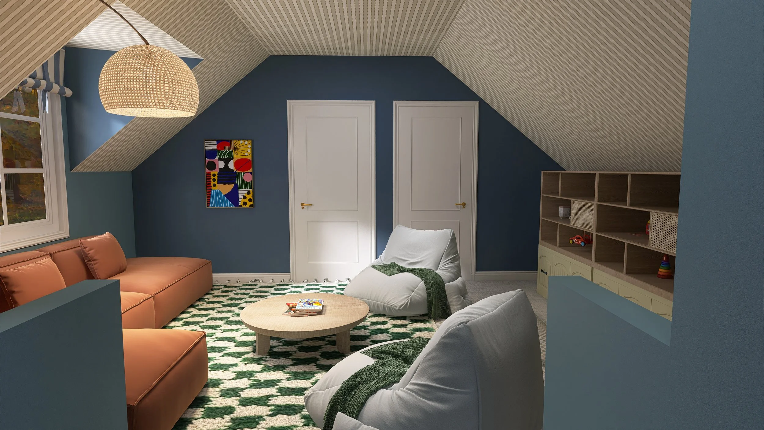 A cozy attic living room with a blue wall, sloped ceiling, a peach sofa, a white armchair, a patterned rug, a round coffee table with magazines, a window with a view of trees, and an abstract colorful artwork on the wall.