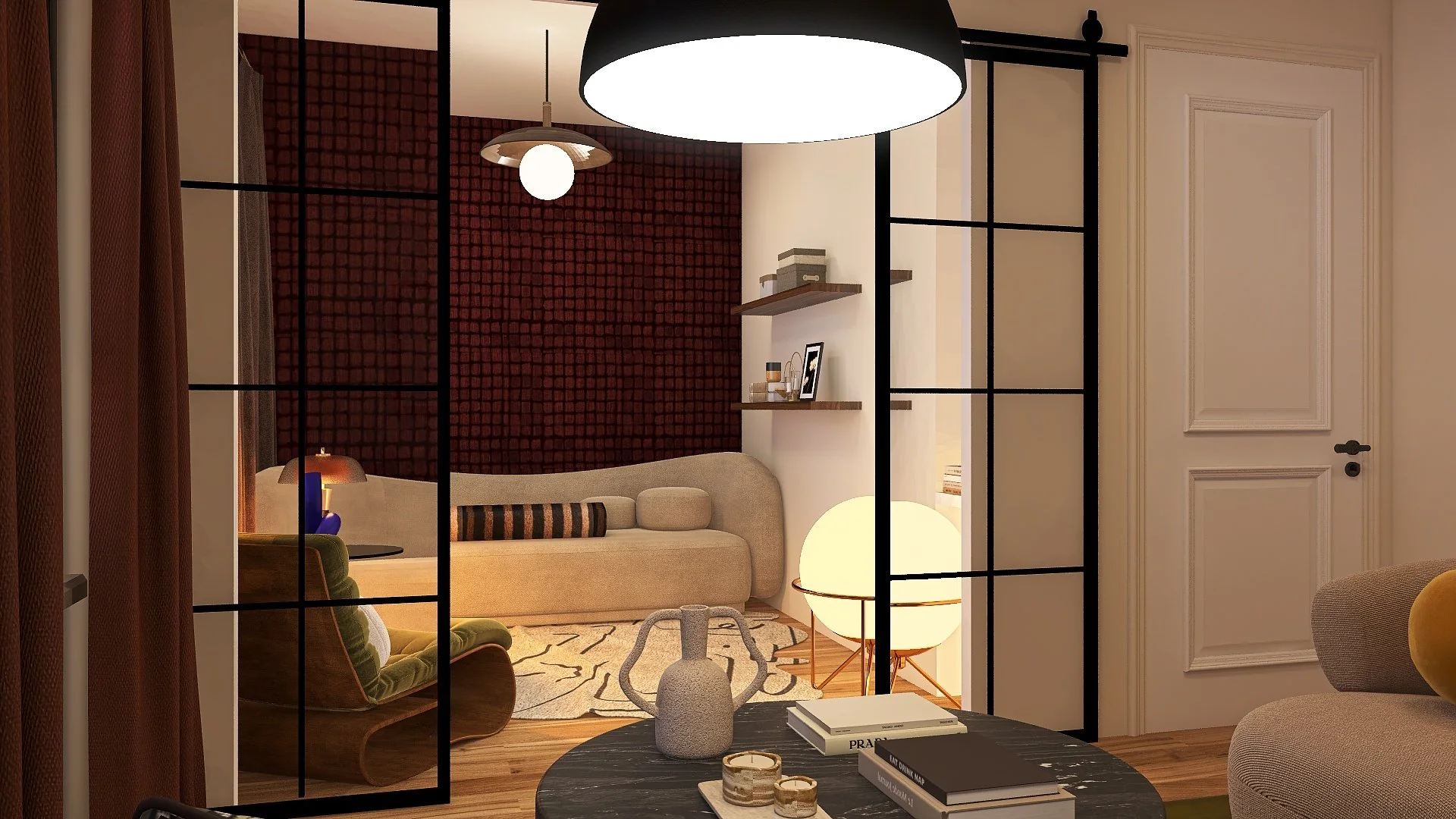 A modern living room viewed through a black metal-framed glass partition. The room features a beige sofa, a green armchair, a wooden coffee table with books and candles, and warm lighting from a table lamp, large ceiling light, and a floor lamp. The 