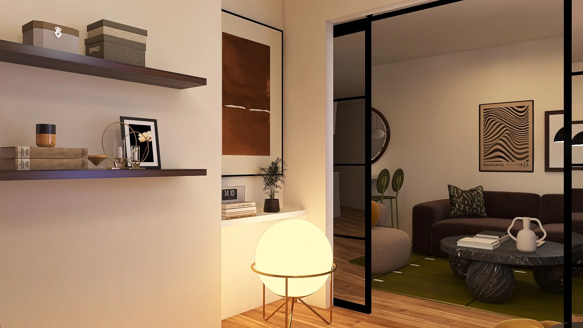 Interior of a modern living room with beige walls, decorative shelving with books and artwork, a black framed glass partition, a brown sofa with patterned cushions, a black marble coffee table with white books and vases, and artwork on the wall.