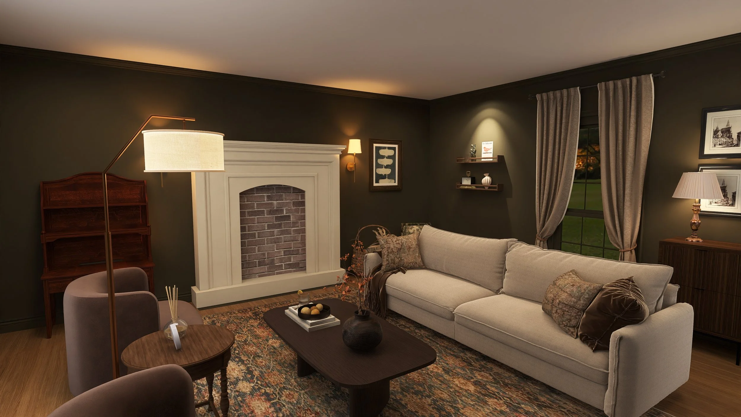 A living room with dark walls, a white fireplace, a beige sofa with decorative pillows, a large window with beige curtains, a table with decor items, a wooden bookshelf, and various wall decorations and lamps providing warm lighting.