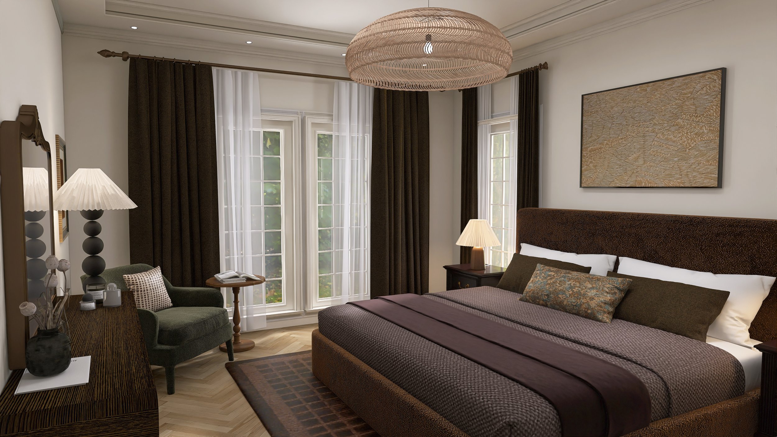 Cozy bedroom with large bed, dark brown headboard, and decorative pillows. Nightstands with lamps on either side. Windows with white sheer curtains and brown drapes. Wall art above the bed. A small table with a chair and lamps nearby. Elegant interior decor with natural light.