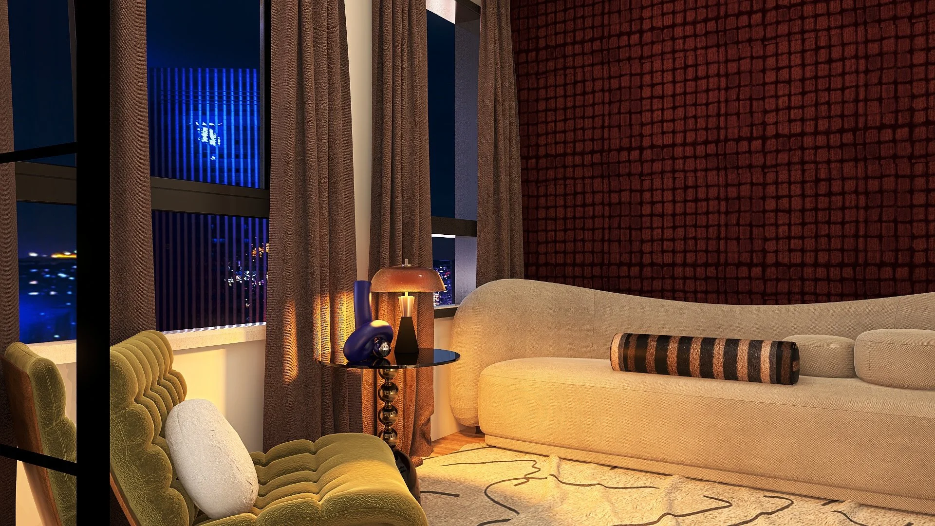 Interior of a modern living room at night with large windows showing city lights and a blue-lit building in the distance, featuring a beige sofa, a green velvet armchair with a white pillow, a black round side table with a blue telephone and a lamp, 