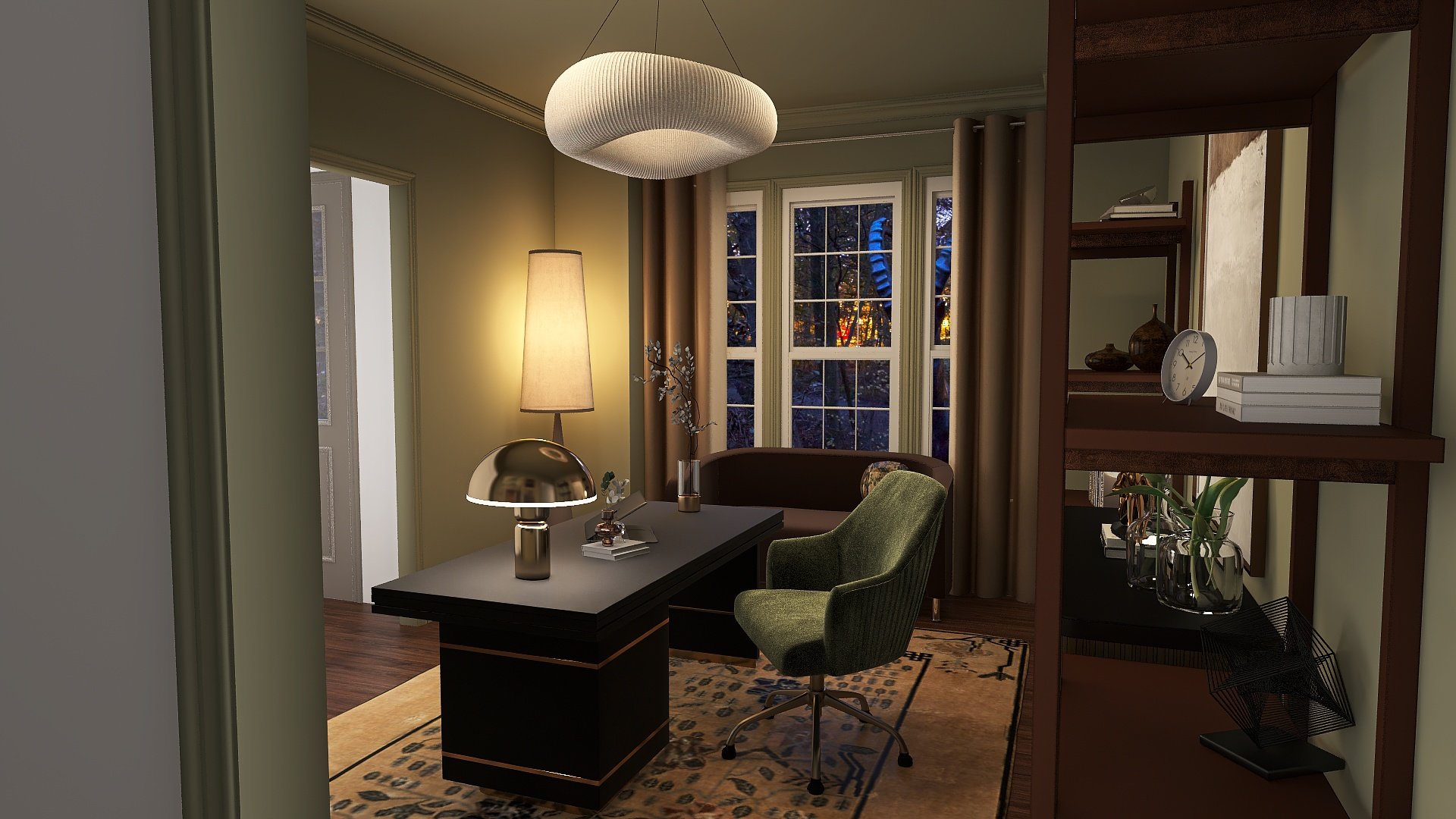 Interior of a home office with a large window, a desk with a lamp, a green office chair, a bookshelf with decorative items, and a patterned rug.