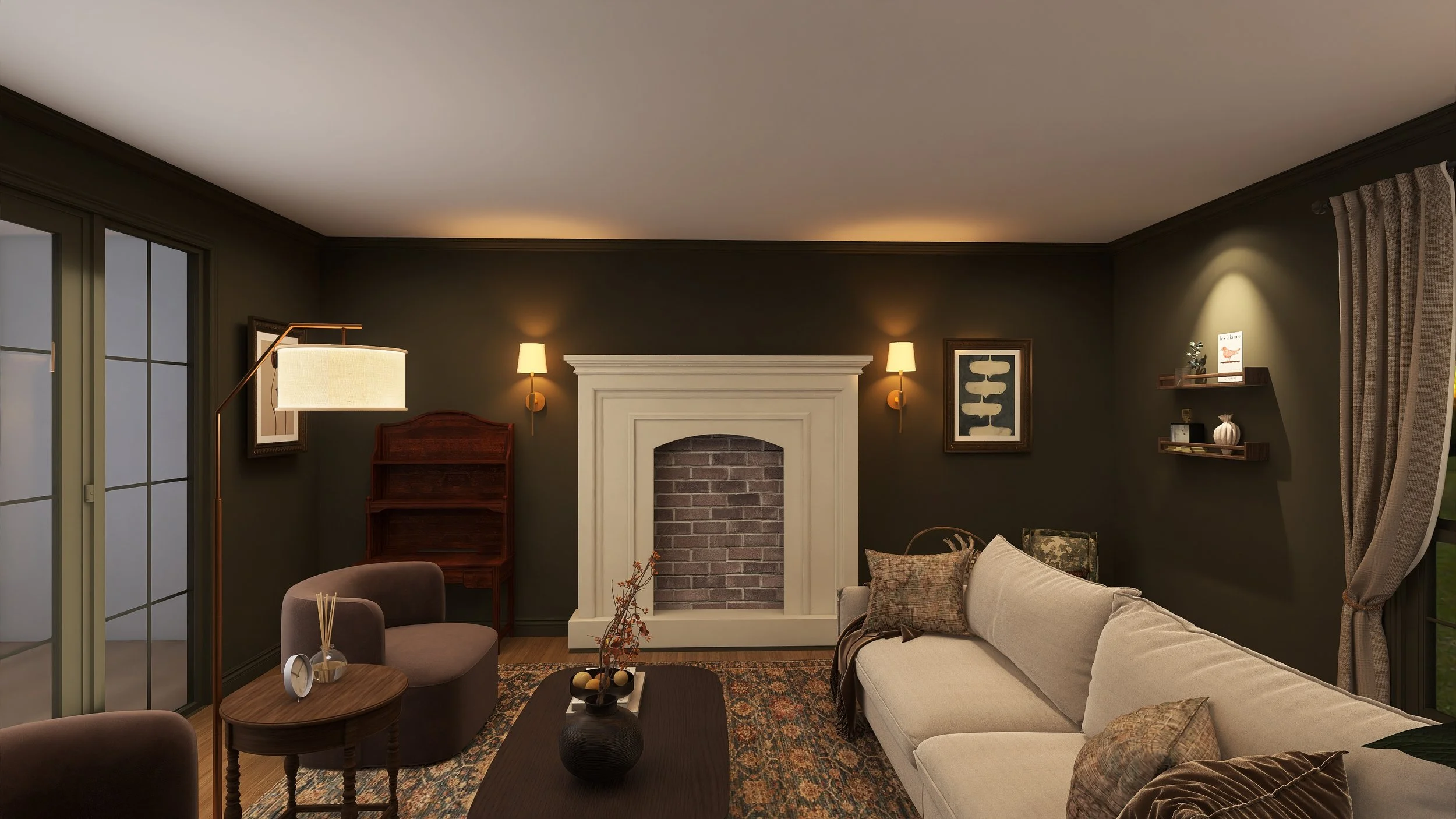 A cozy living room with dark green walls, a white fireplace with brick interior, and modern wall sconces. There are two shelves with decorative items, large curtains on the right, a glass sliding door on the left, and furniture including a sofa, armc