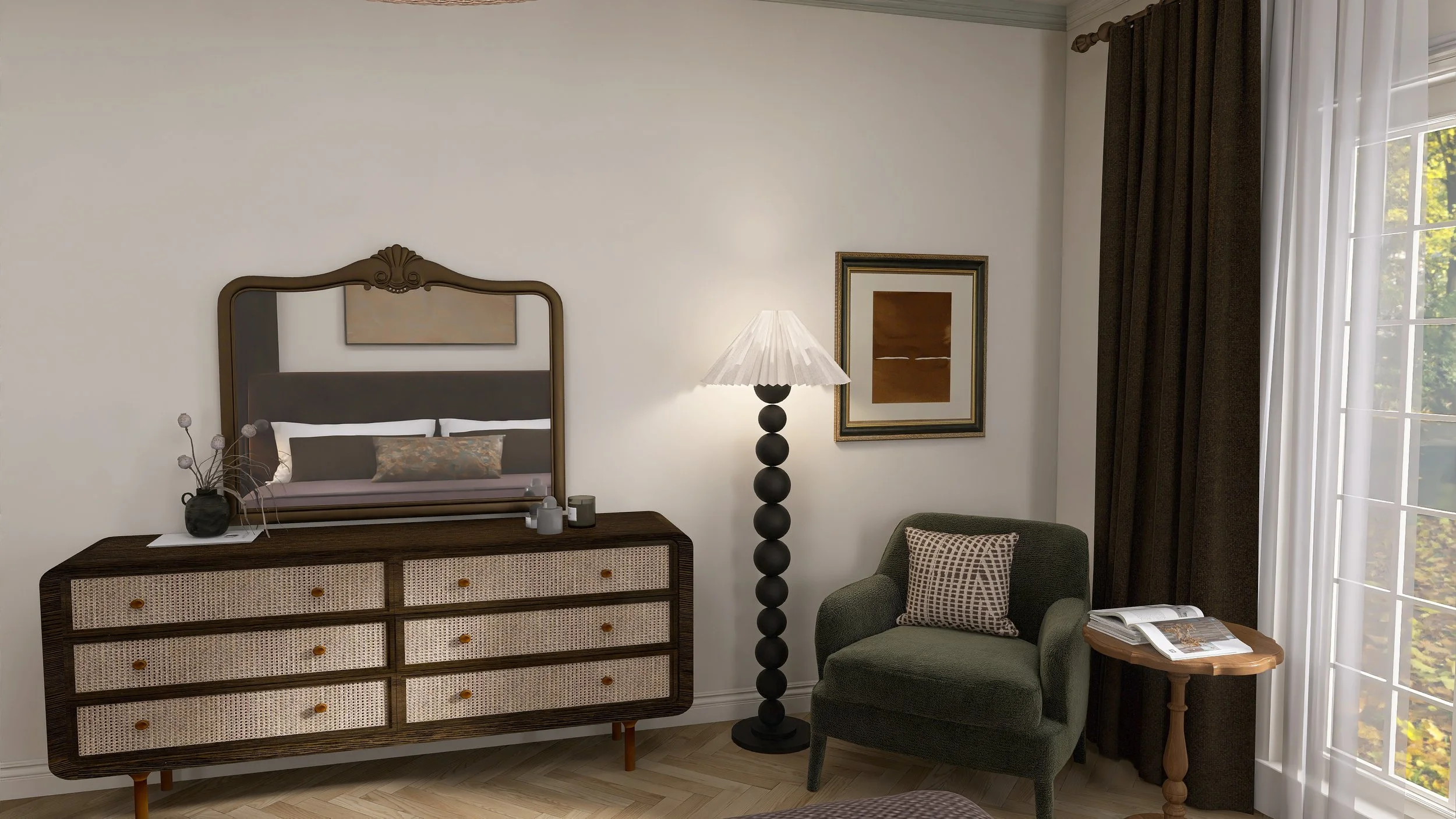 A cozy living room corner with a dark wooden dresser, a decorative mirror above, a tall black lamp with spherical accents, a framed artwork, a green armchair with a patterned pillow, a wooden side table with magazines, and a window with sheer and dar