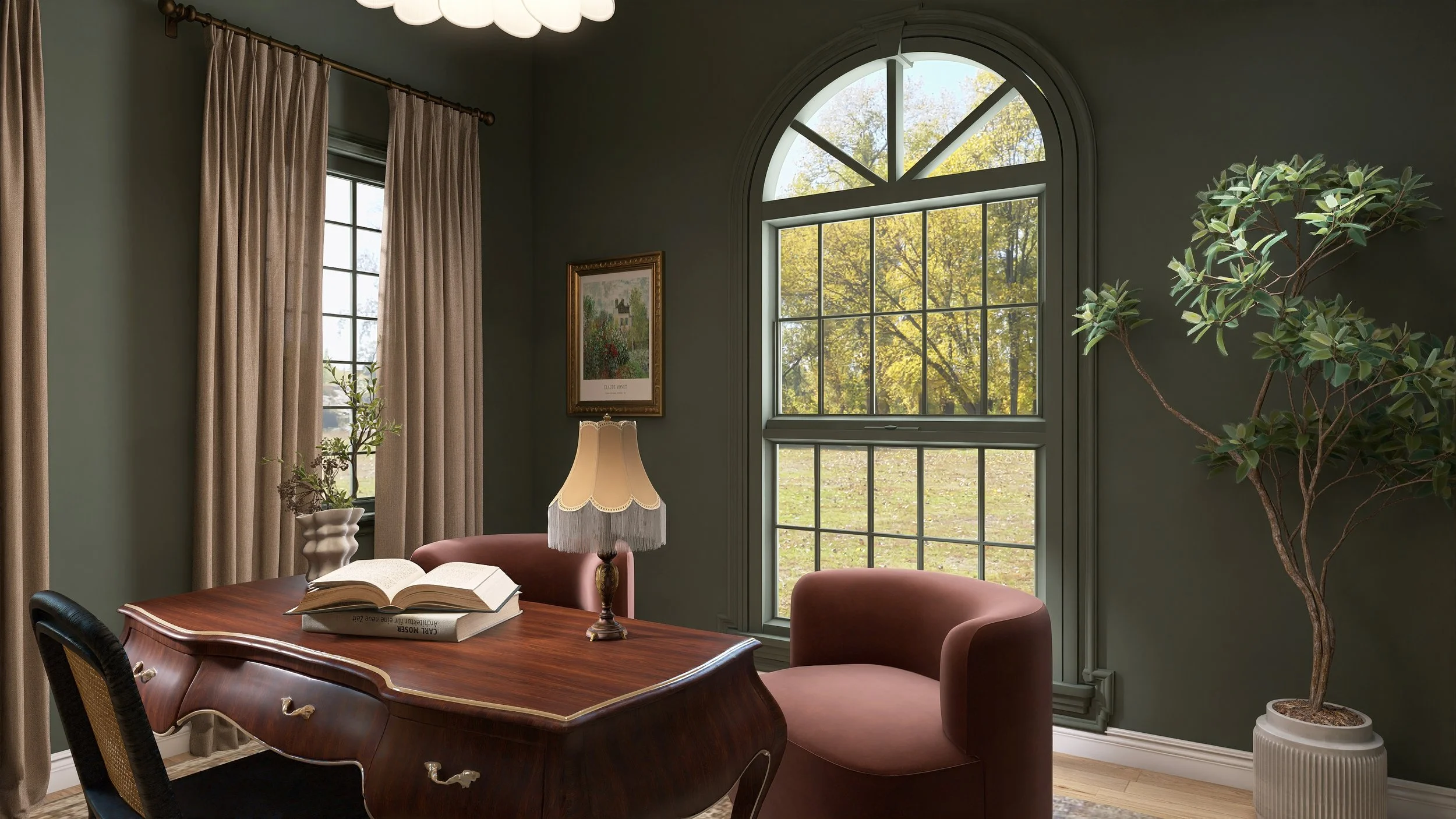 Interior of a cozy room with a large arched window showing a view of trees and grass outside. The room has dark green walls, beige curtains, a wooden desk with an open book, a vintage table lamp, and pink upholstered chairs. A framed painting hangs o