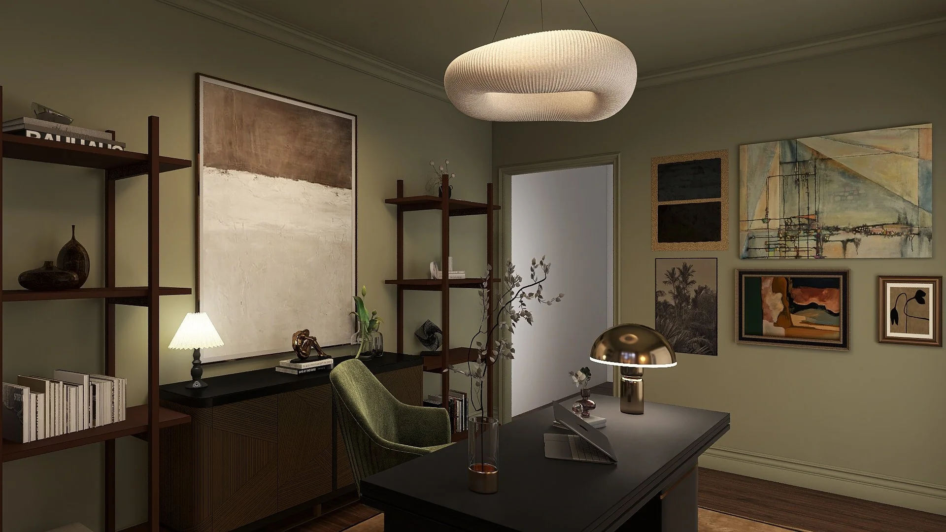 A cozy home office with a black desk, green chair, gold desk lamp, and decorative wall art, shelves with books and vases, and a large ceiling light.