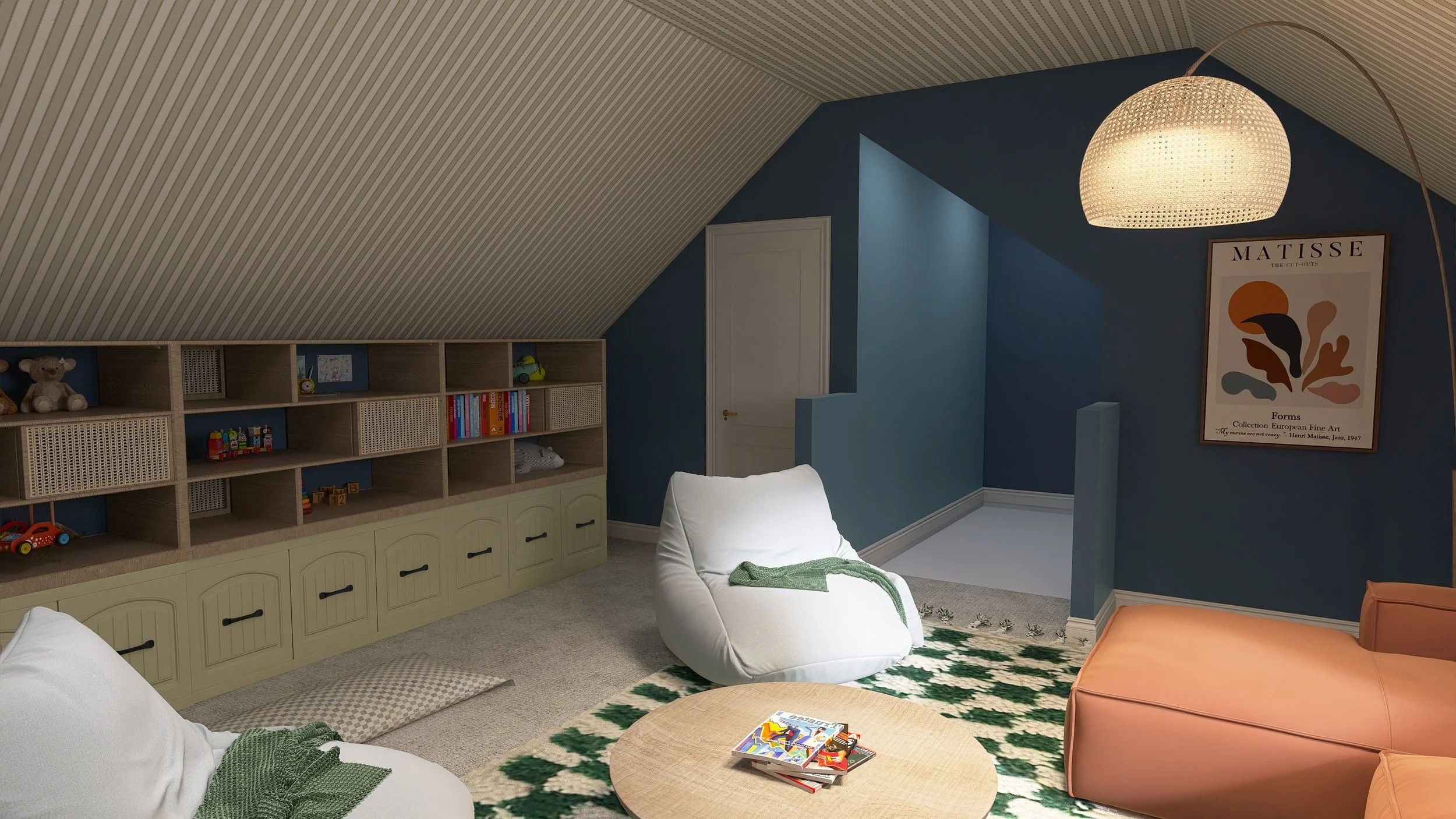 A cozy attic bedroom with blue walls, a bookshelf filled with toys and books, a white lounge chair with a green throw, an orange sofa, a round wooden coffee table with magazines, a patterned green and white rug, and a large framed Matisse art print o