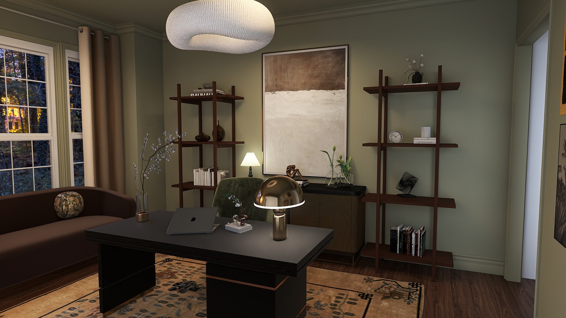 A cozy home office with green walls, large window with curtains, and dark wood flooring. Features include a black desk with an open laptop, gold desk lamp, and decorative items. Behind the desk are two tall wooden shelves with decor, books, and a sma
