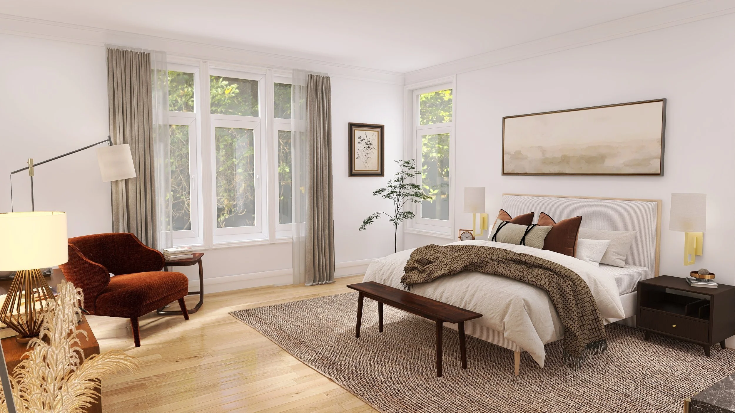 A modern bedroom with large windows, a white bed with beige and brown bedding, a dark nightstand, a bedside lamp, a framed artwork, an armchair, a small table, and a tall plant.