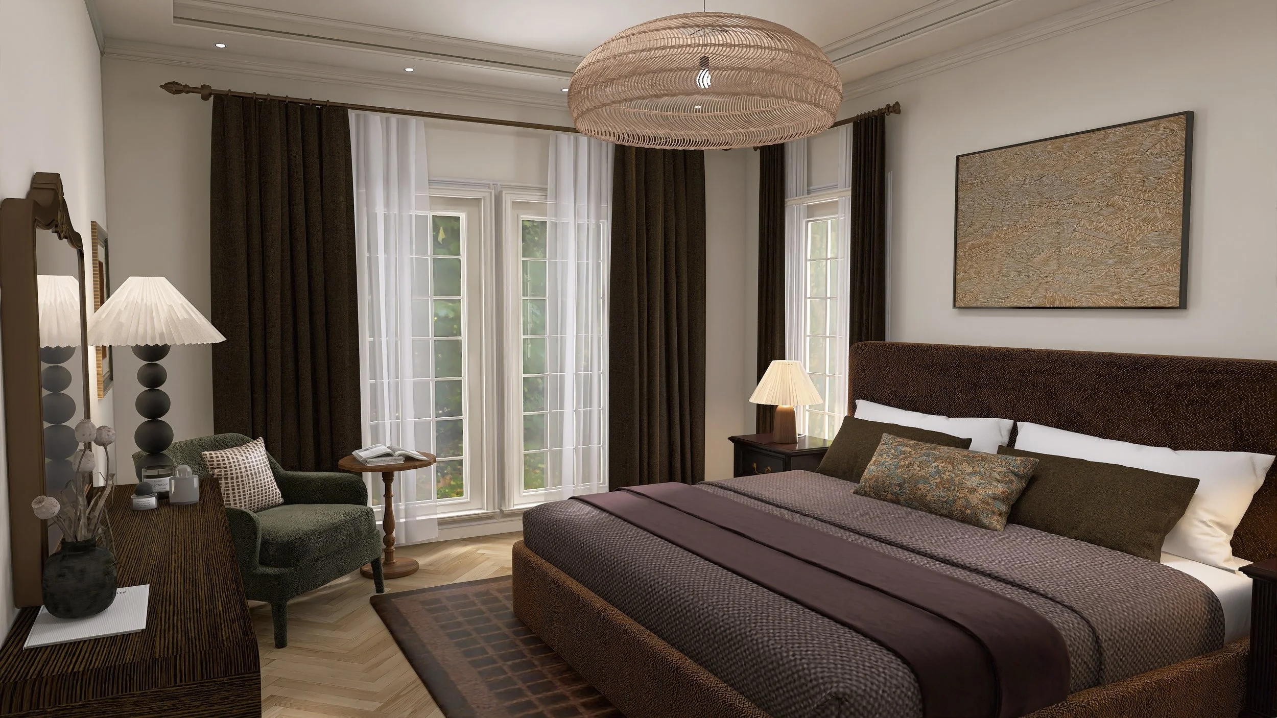 A cozy bedroom with large windows and dark curtains, a bed with dark bedding, nightstands with lamps, a framed artwork on the wall, and a sitting area with a green armchair and a side table.