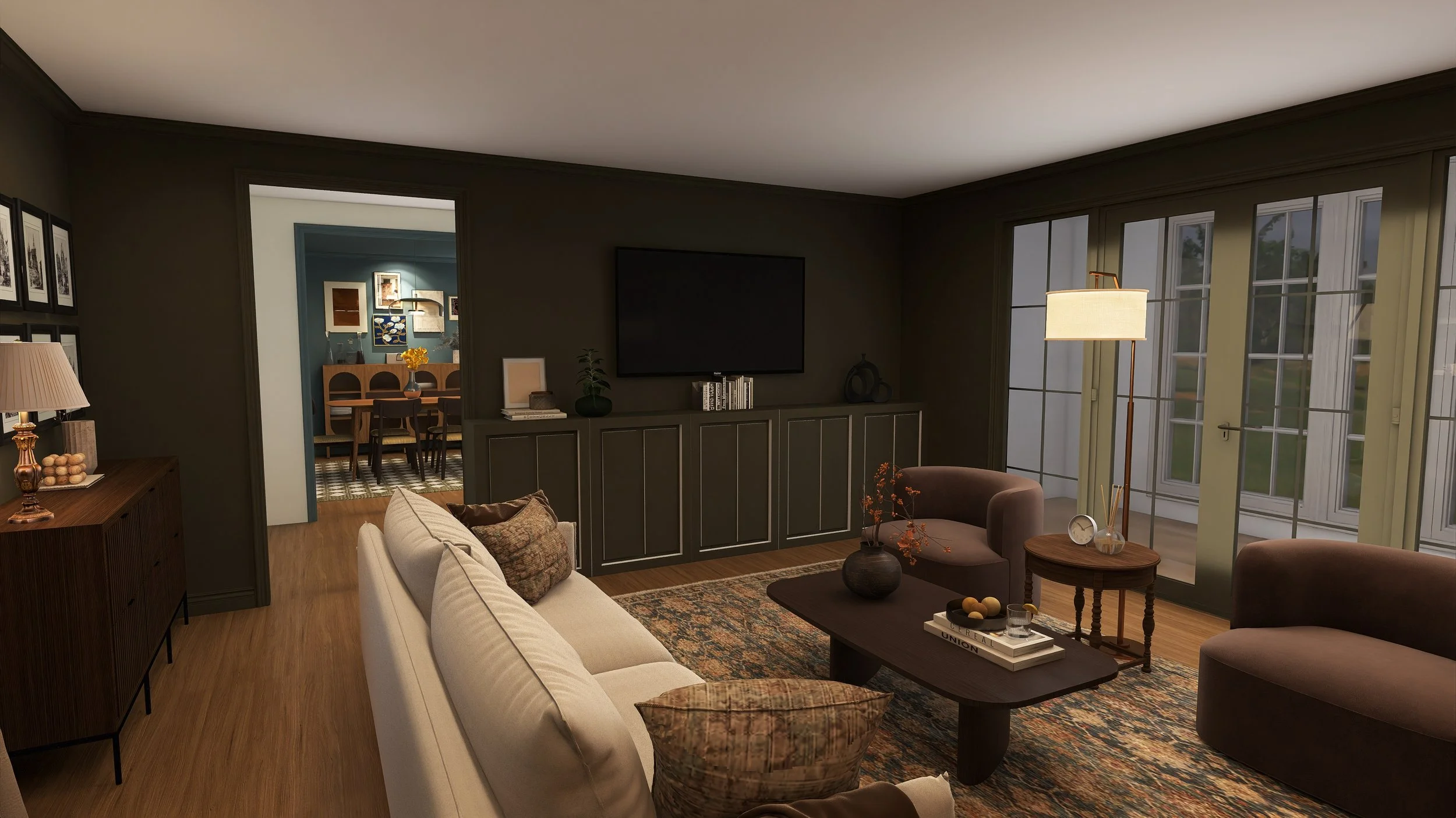 A cozy living room with beige sofa, brown armchair, and wooden coffee table. Large windows with yellow curtains let in natural light. A side table holds a lamp and decorative items, and a black TV is mounted on the dark gray wall. Inside, a hallway leads to a dining room with a wooden table and chairs, decorated with artwork and flowers.