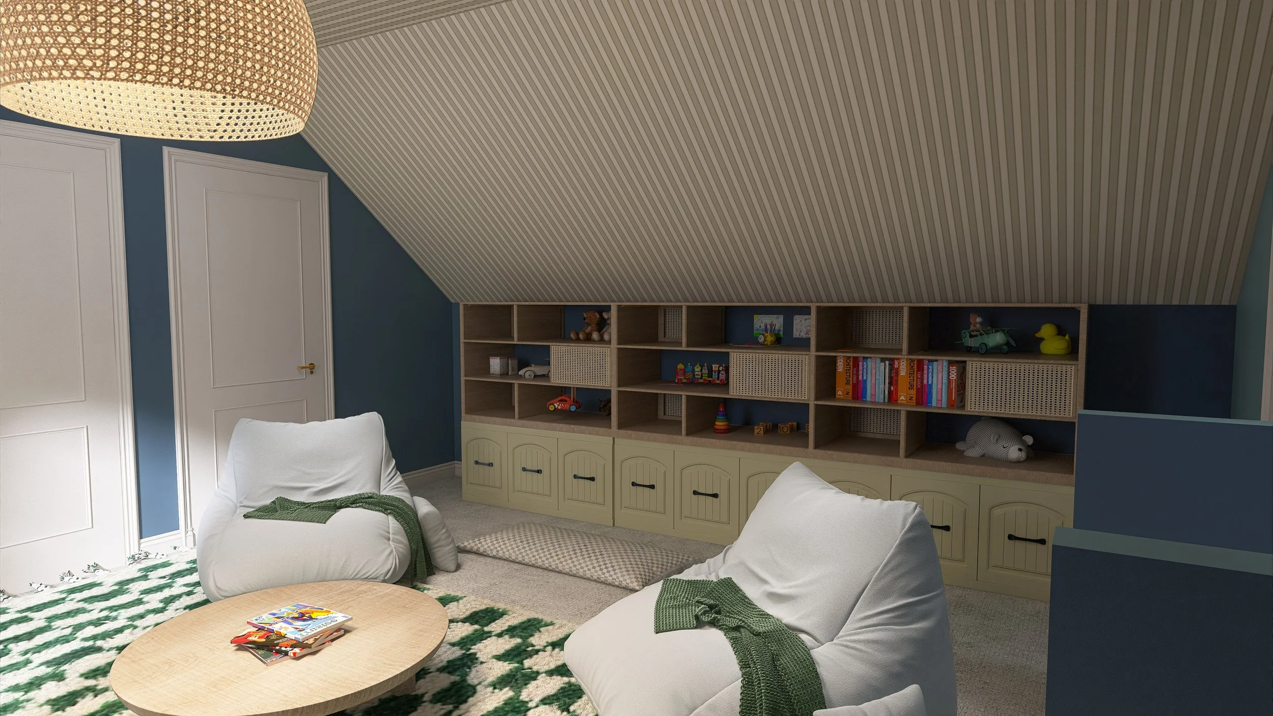 A cozy children's playroom with a vaulted ceiling and striped wallpaper. There are white armchairs, a round wooden table with books, a green and white patterned rug, and a built-in bookshelf with toys and books.