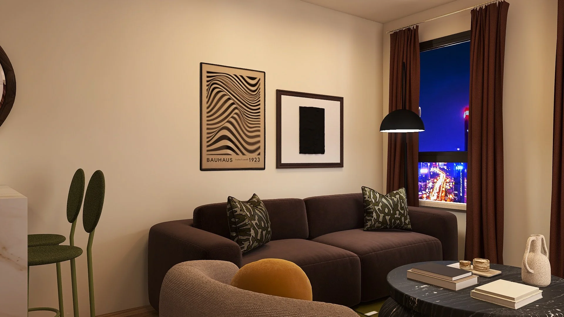A cozy living room at night with a dark brown sofa adorned with patterned pillows, a black coffee table with books and decorative items, large abstract art above the sofa, a window with red curtains showing city lights outside, a modern black floor l