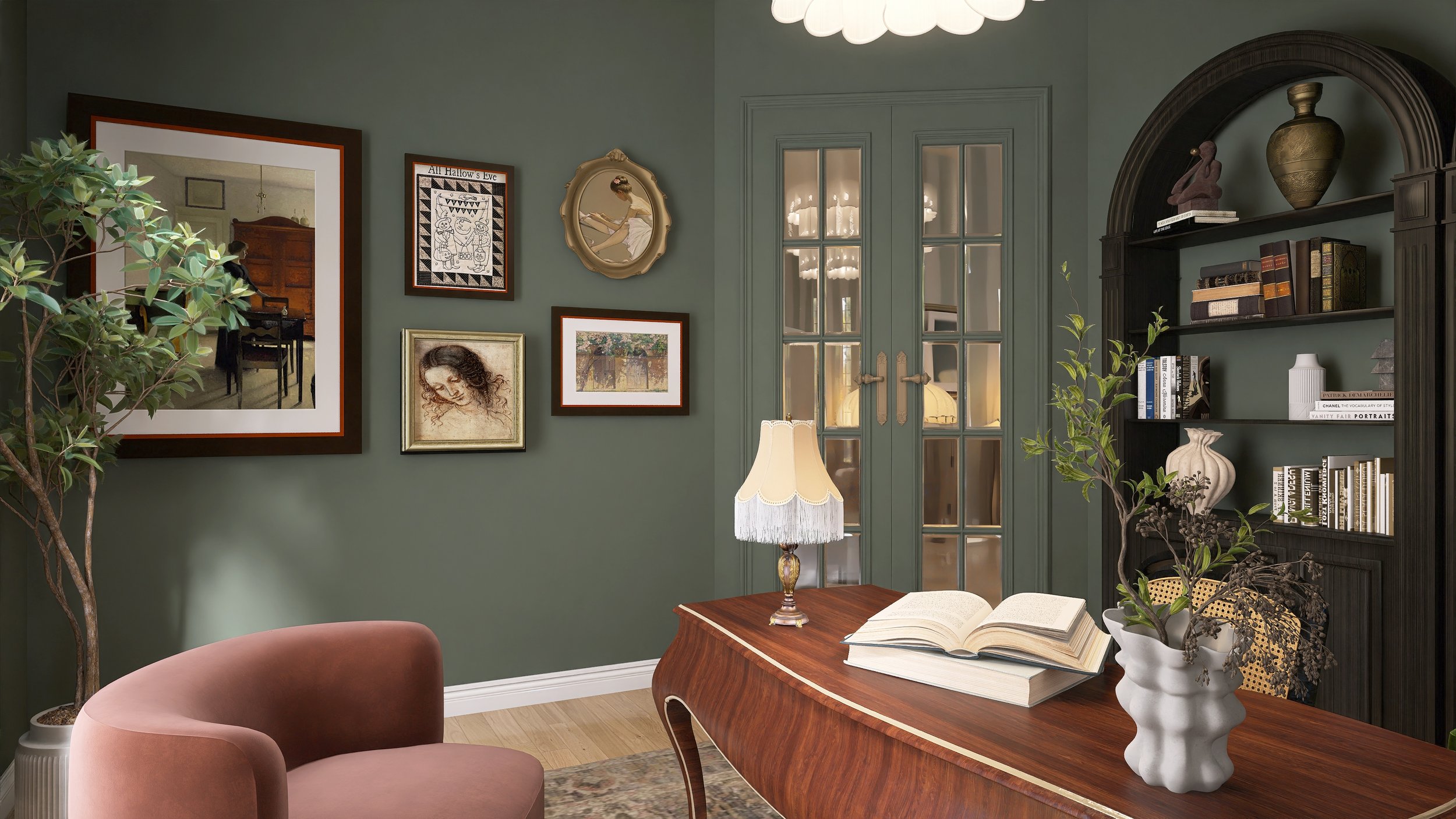 A cozy home office with green walls, a wooden desk, a pink velvet chair, a vintage table lamp, a bookshelf with decorative items, framed artwork, and a glass-paned door reflecting a chandelier.