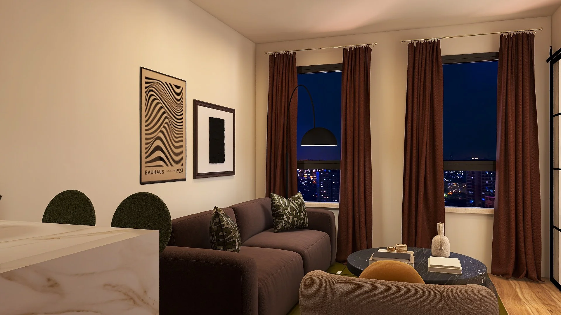 Living room with beige walls, wall art, a purple sofa with patterned pillows, and a round black coffee table with decor. Night city skyline visible through large windows with red curtains, and a black floor lamp.