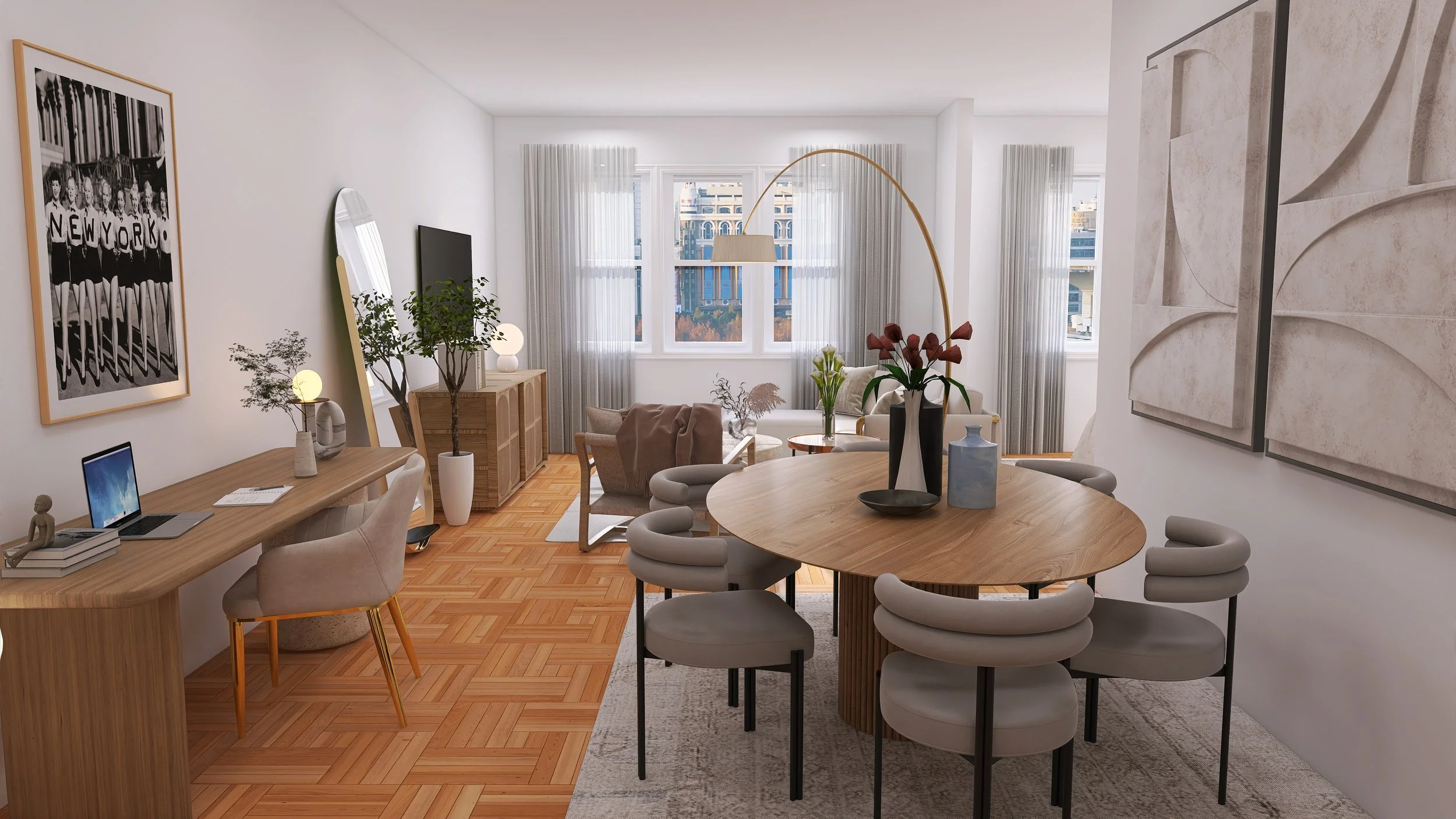 A modern, bright living room and dining area with large windows, white walls, and wood flooring, decorated with plants, artwork, and contemporary furniture.