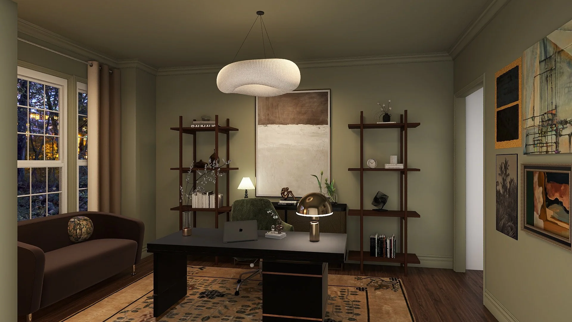 Home office with green walls, a large window with beige curtains, and artwork on the walls. A black desk with a laptop, a silver desk lamp, and other items is in the center. Behind it, there are wooden bookshelves with books and decorations. A brown 