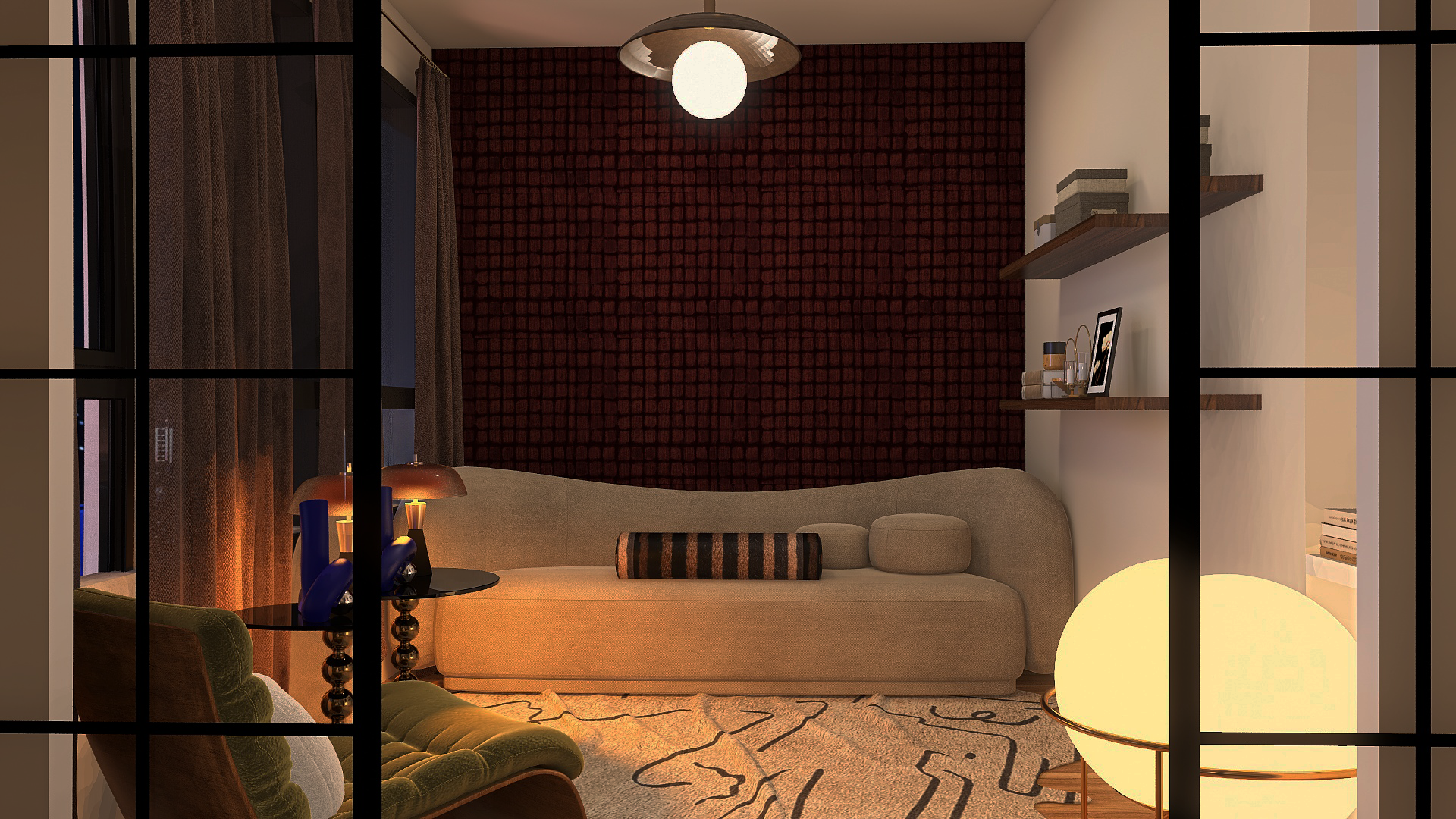Interior of a modern living room seen through black grid-patterned glass panels, featuring a beige curved sofa with a striped bolster pillow, a dark round side table with a contemporary lamp, a patterned rug, a textured red accent wall, and wooden floating shelves with books and decor items, illuminated by warm lighting.