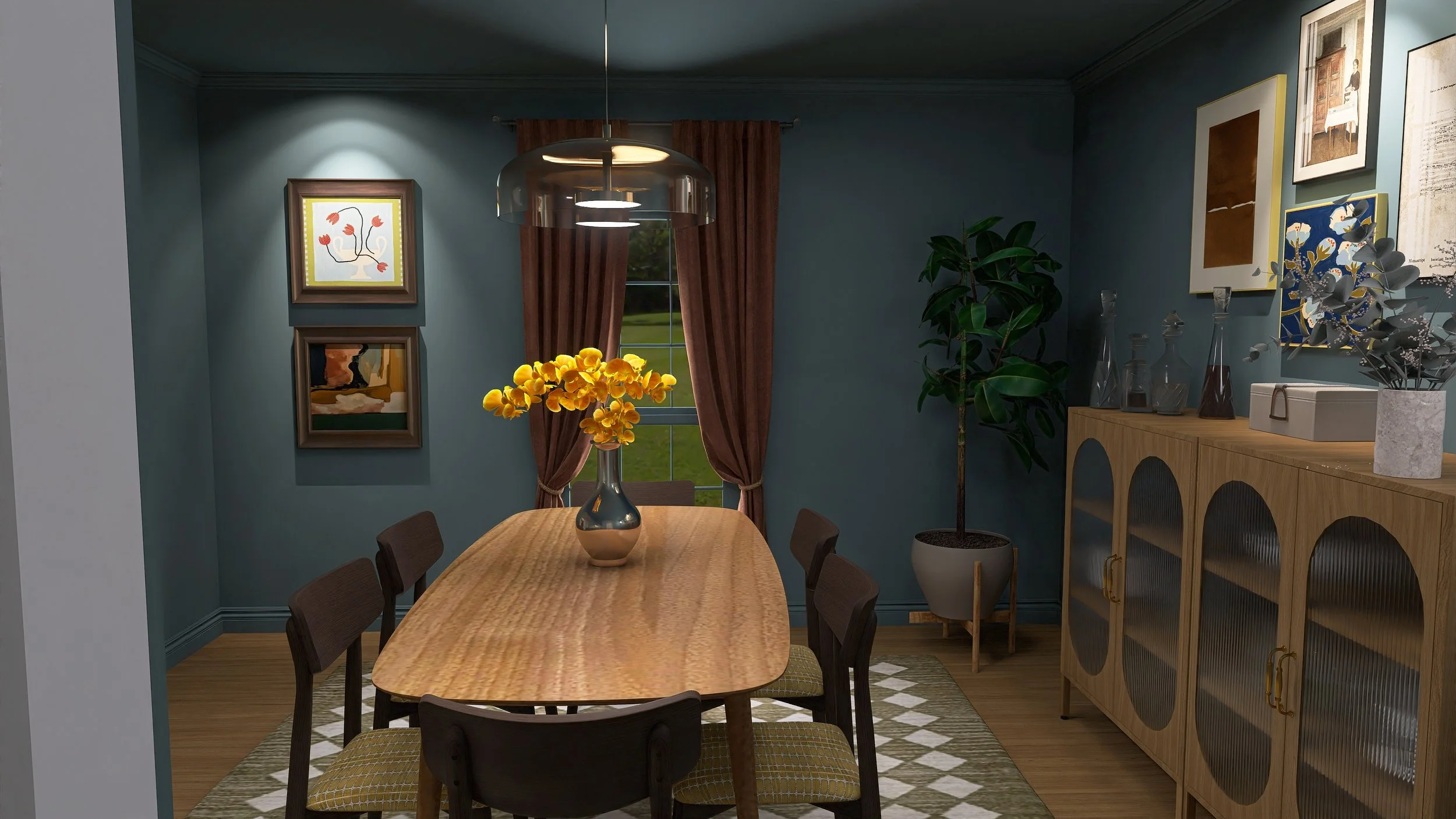 A dining room with blue walls, wooden dining table with chairs, a hanging metallic light fixture, a vase of yellow flowers on the table, framed artwork on the wall, a large plant, a sideboard with glass bottles and decorative items, and a window with