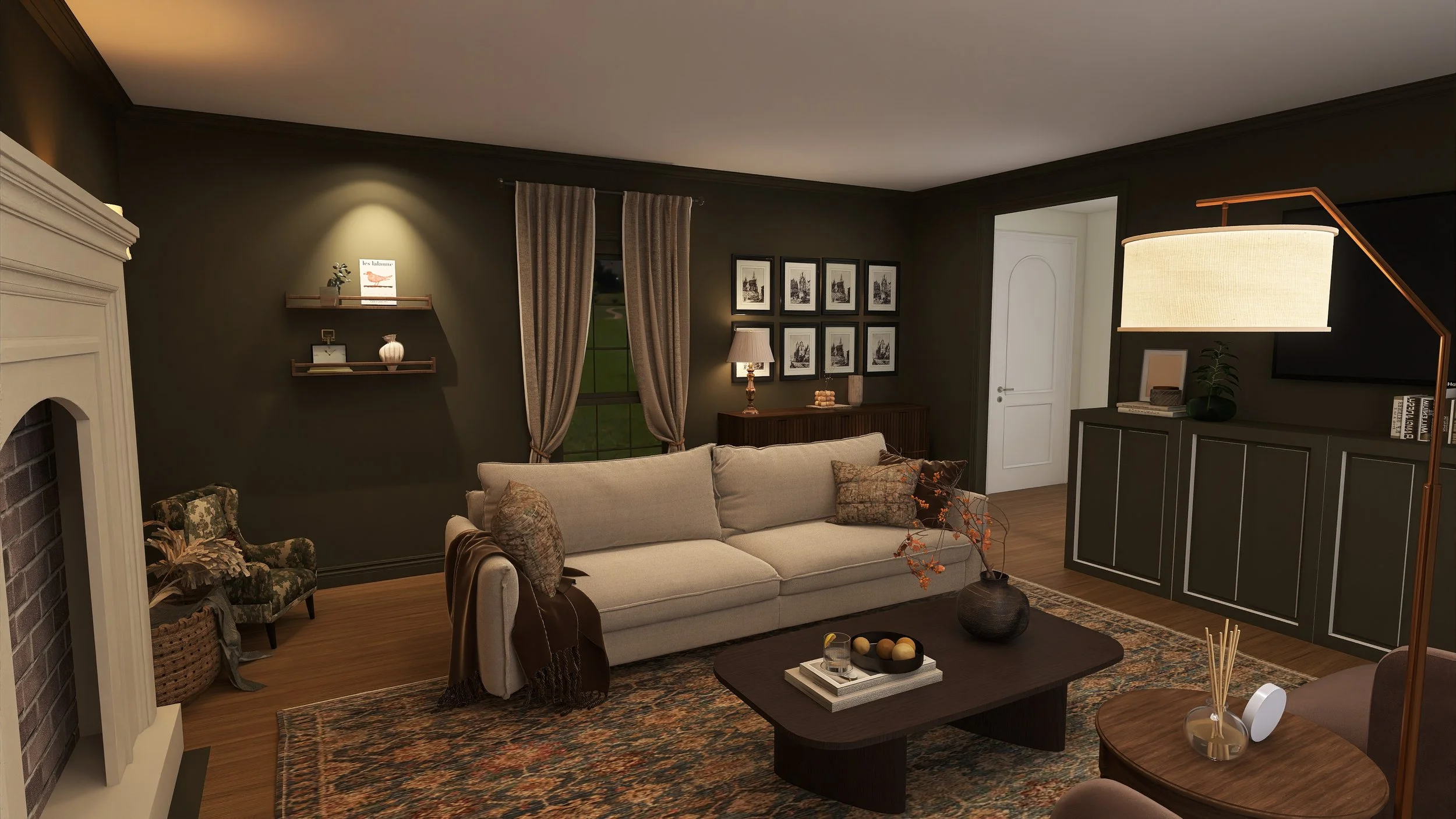 Living room with a white sofa, a wooden coffee table with a tray and decorative objects, a patterned area rug, dark walls with framed pictures, a window with curtains, a sideboard with a lamp, and a modern floor lamp.