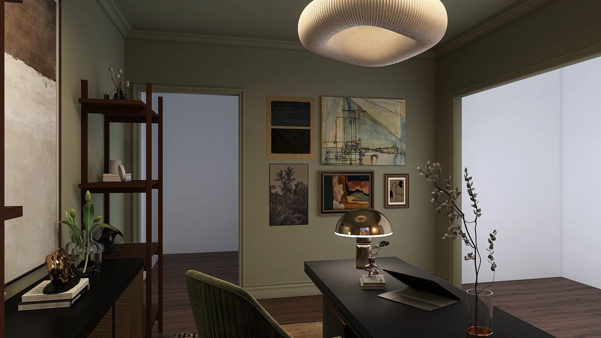 Living room corner with a black desk, modern lamp, and wall art, next to a large window with frosted glass, and a green chair at the desk.