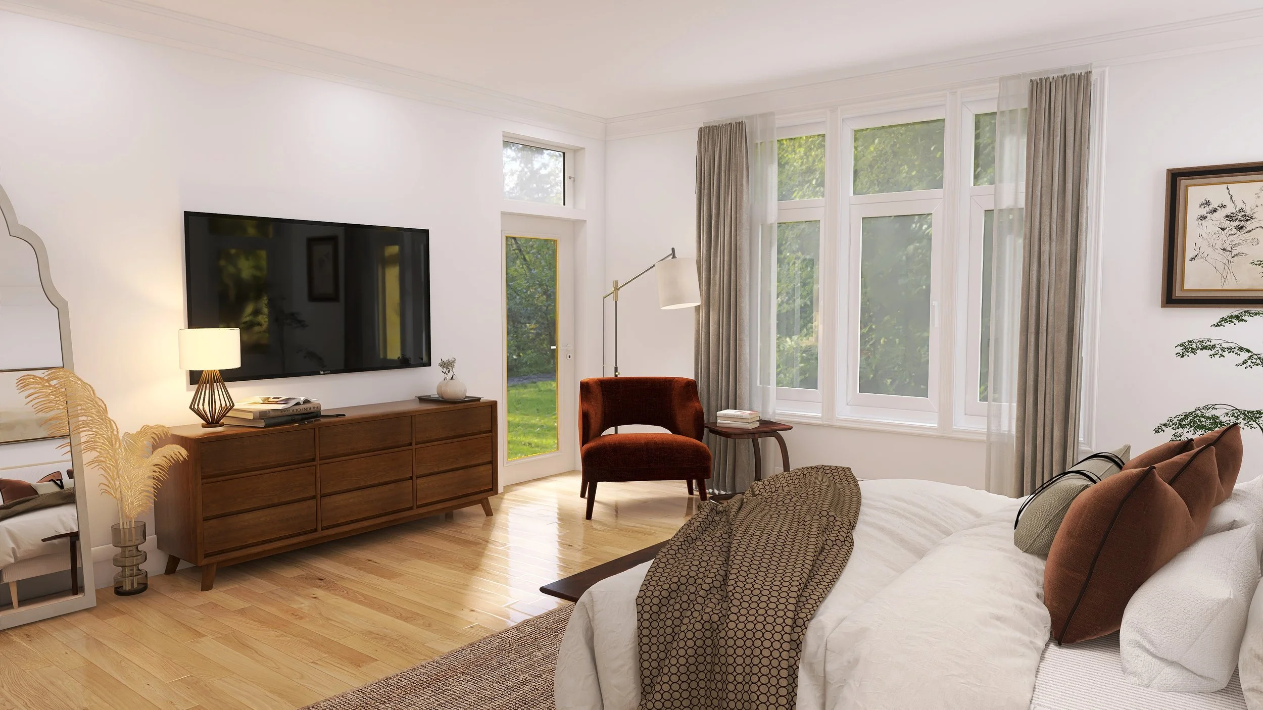 Bright living room with large windows, brown sofa, red armchair, wooden sideboard, and decorative plants.