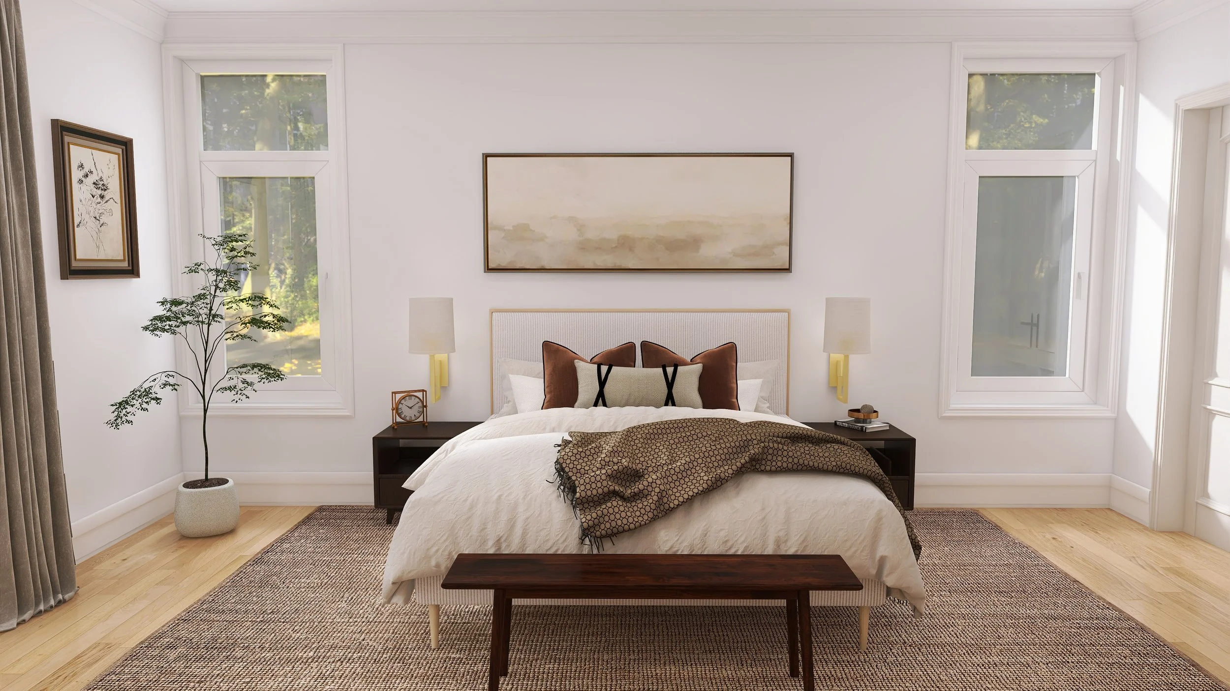Modern bedroom with white walls, large windows, and a bed with multiple pillows and a blanket. Two nightstands with lamps, framed artwork, a potted plant, and a bench at the foot of the bed.