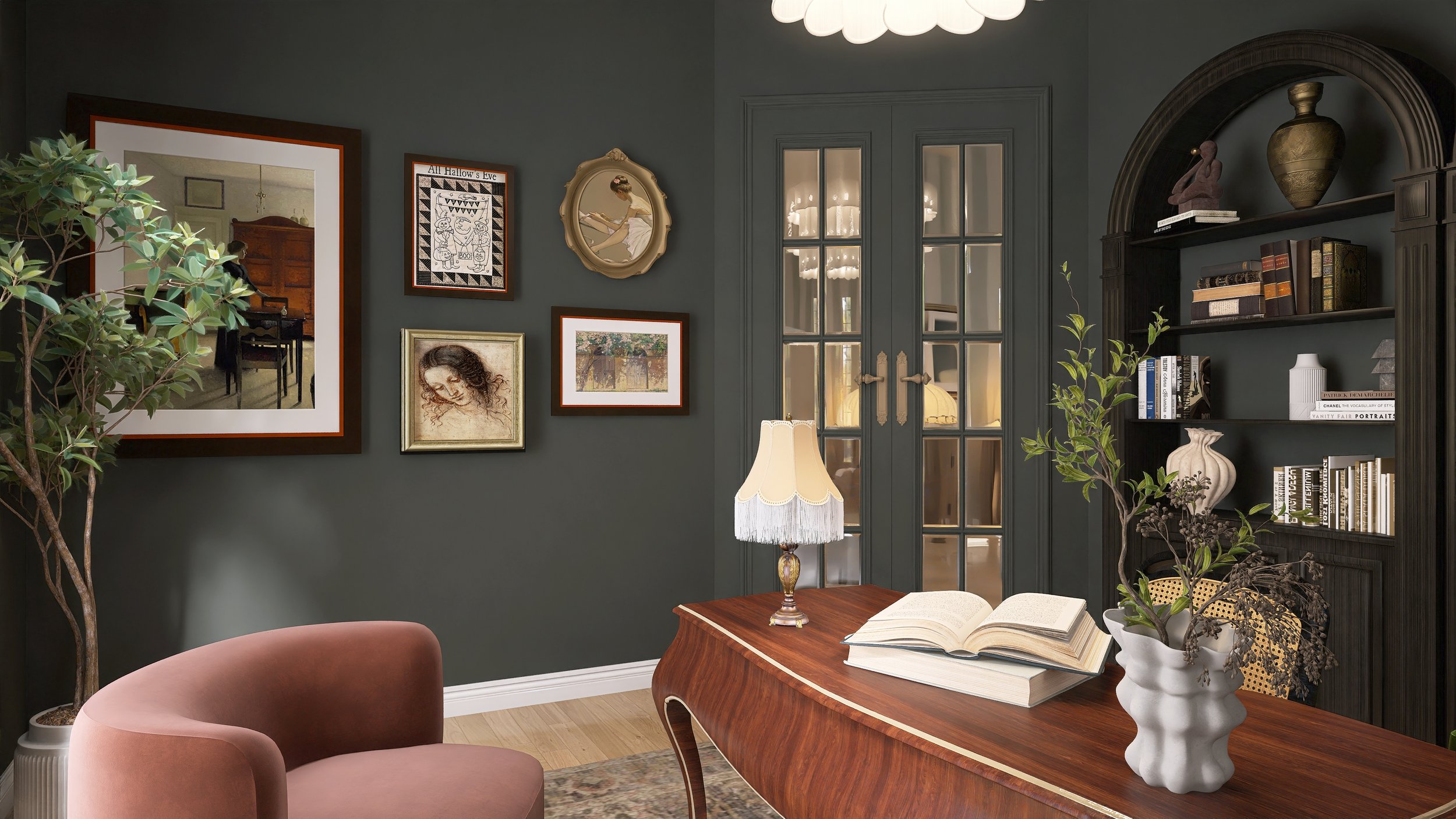Interior of a living room with gray walls, framed artwork, a closed glass double door, a wooden desk with an open book, a vintage table lamp, and decorative plants.