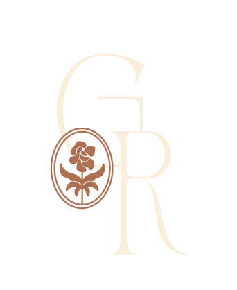 Design with the letters G, D, R, and a decorative floral element, arranged vertically on a black background.