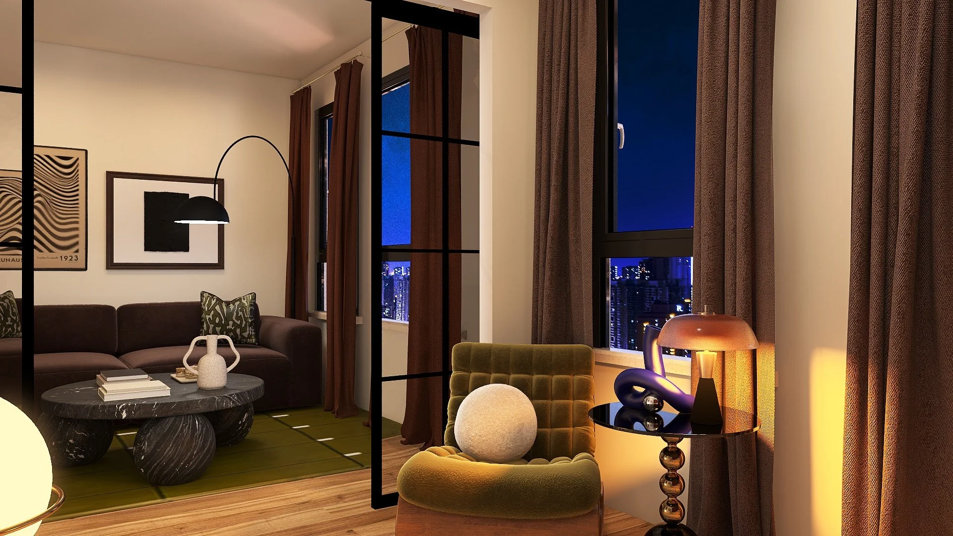 A modern living room at night with large windows showing a city skyline. The room features a brown sofa, framed abstract art, a black marble coffee table, and a seating area with colorful chairs. There's a black floor lamp and a side table with a lam