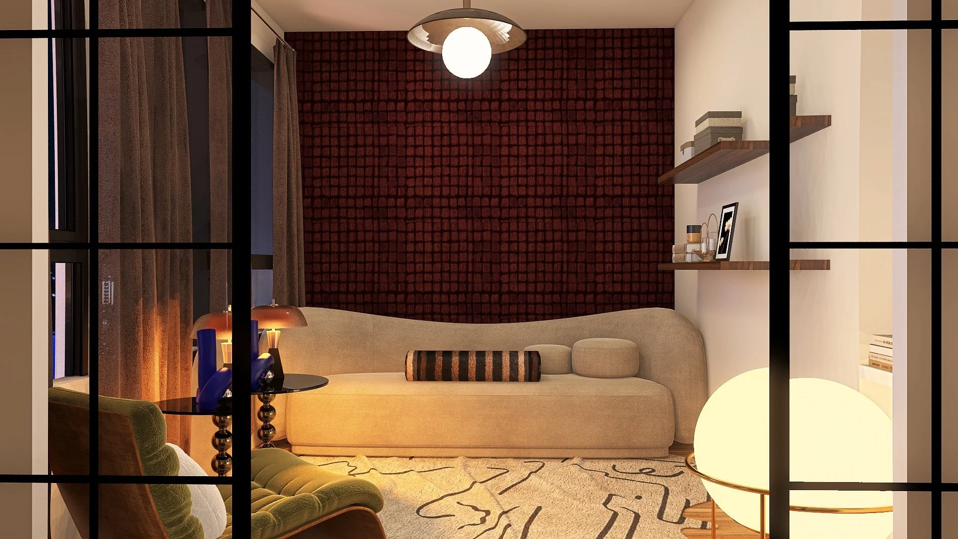 Interior of a modern living room with a beige sofa, green armchair, black side table with blue and black vases, and a floor lamp. The back wall is red with a grid pattern, and there are wooden shelves with books and decor. The room is viewed through 
