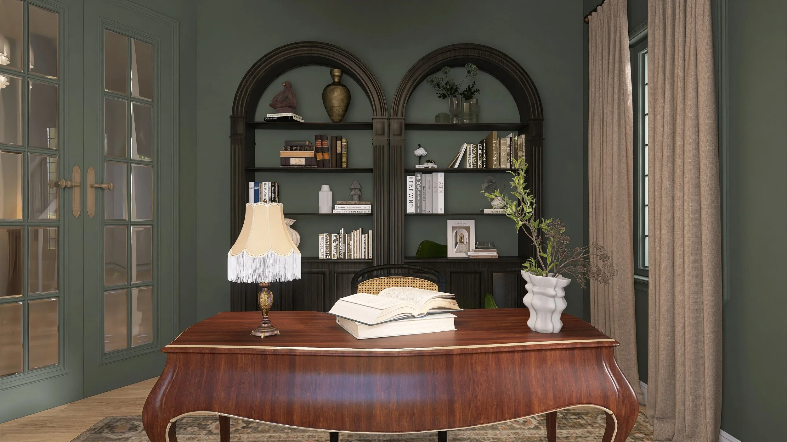 A wooden desk with an open book and a closed book, a vintage lamp, and a white potted plant. In the background, a black bookcase with various books, decorations, and vases, flanked by green walls and beige curtains.