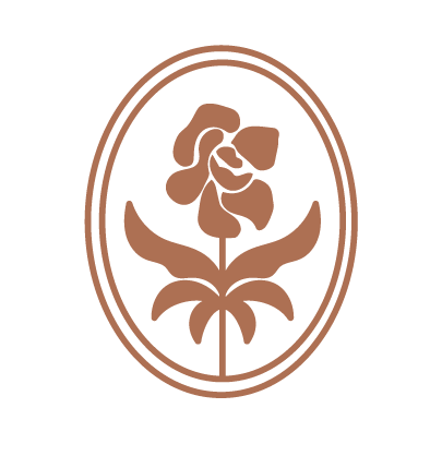A stylized floral emblem with a rose inside an oval border, using brown lines on a black background.